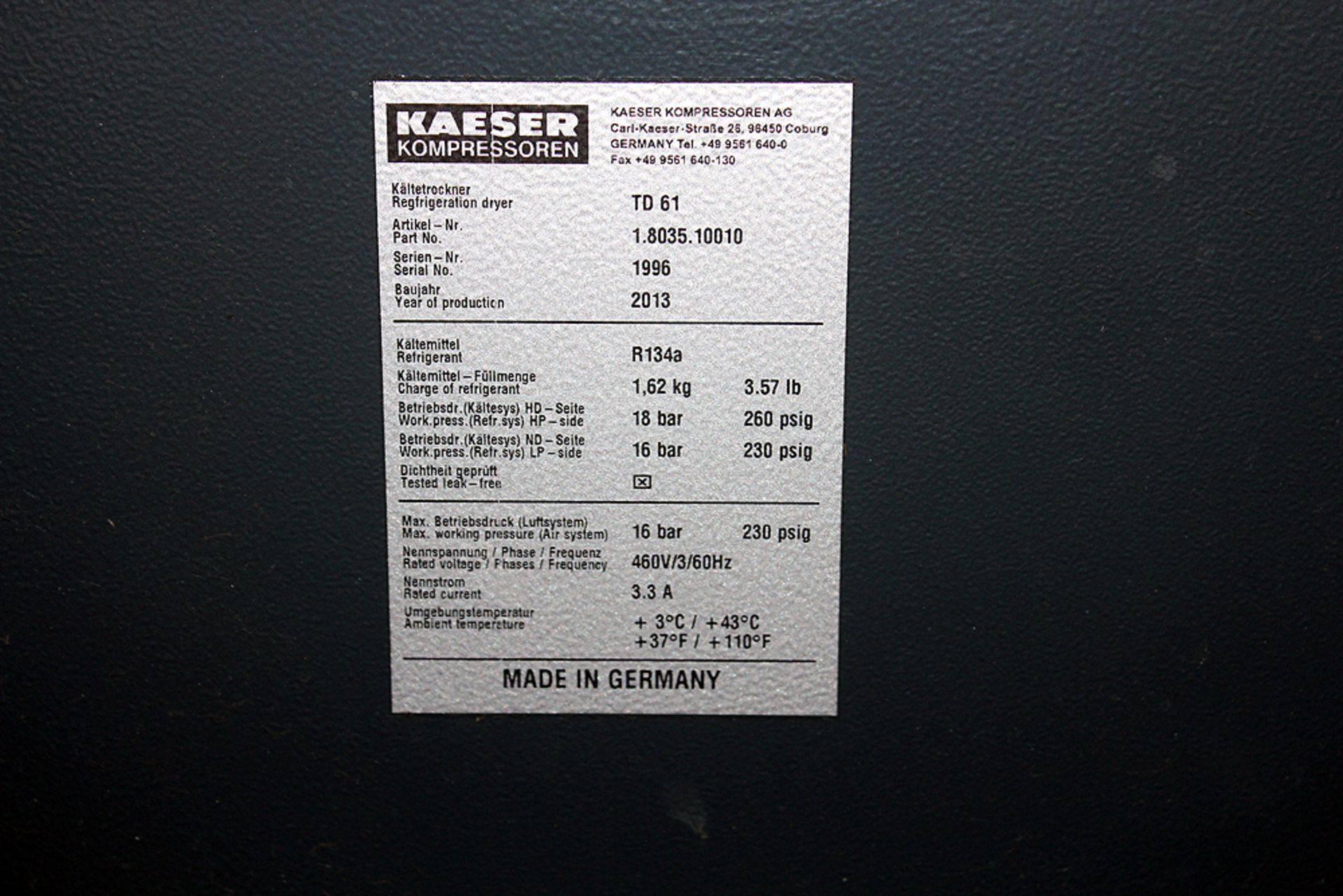 Kaeser Refrigerated Air Dryer 2013 Model #TD61 - Image 3 of 3