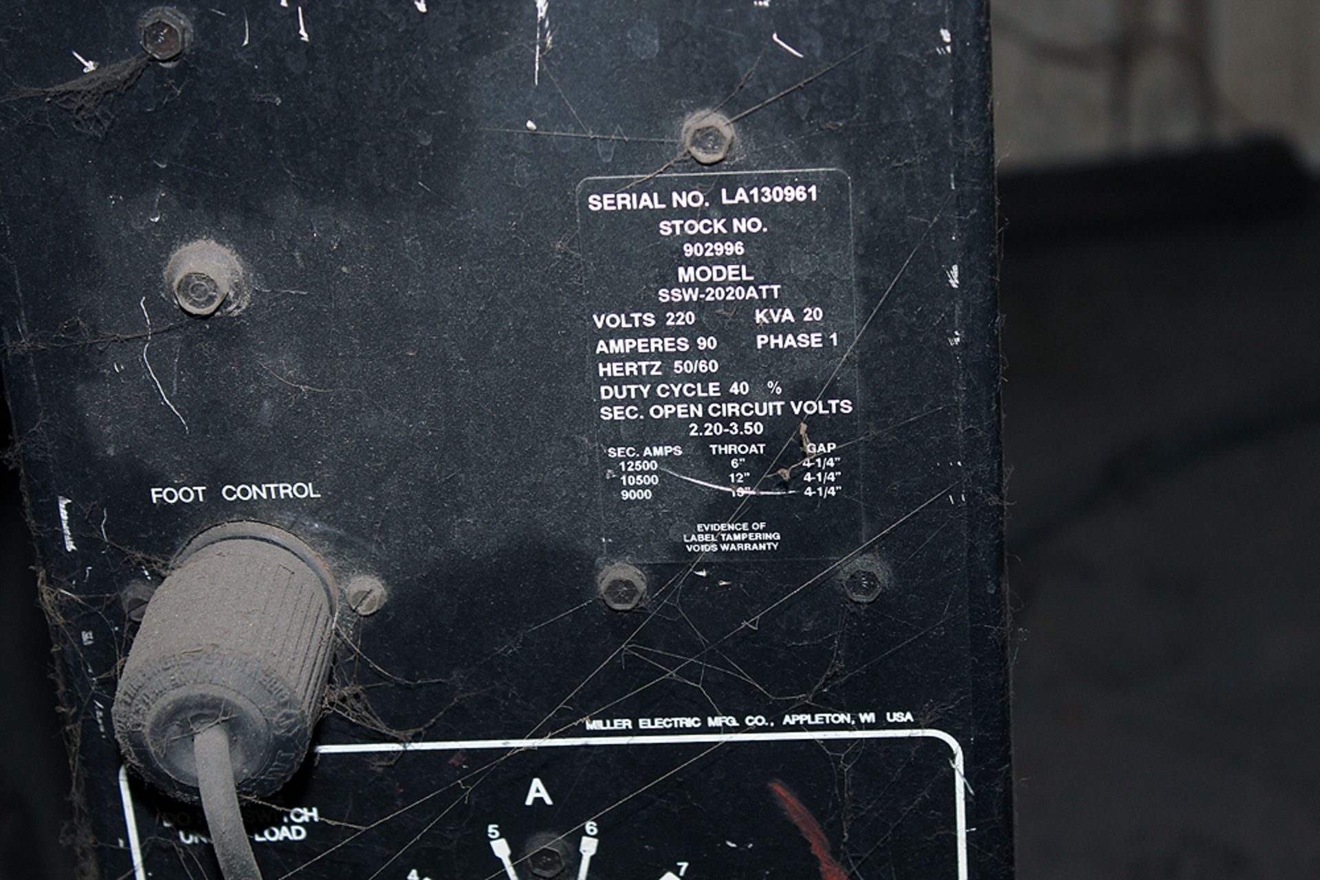 Miller Resistance 20KVA Spot Welder 1/2" Gapx14" Throat USED FOR SPARE PARTS Model #SSW=2020ATT C/ - Image 5 of 5