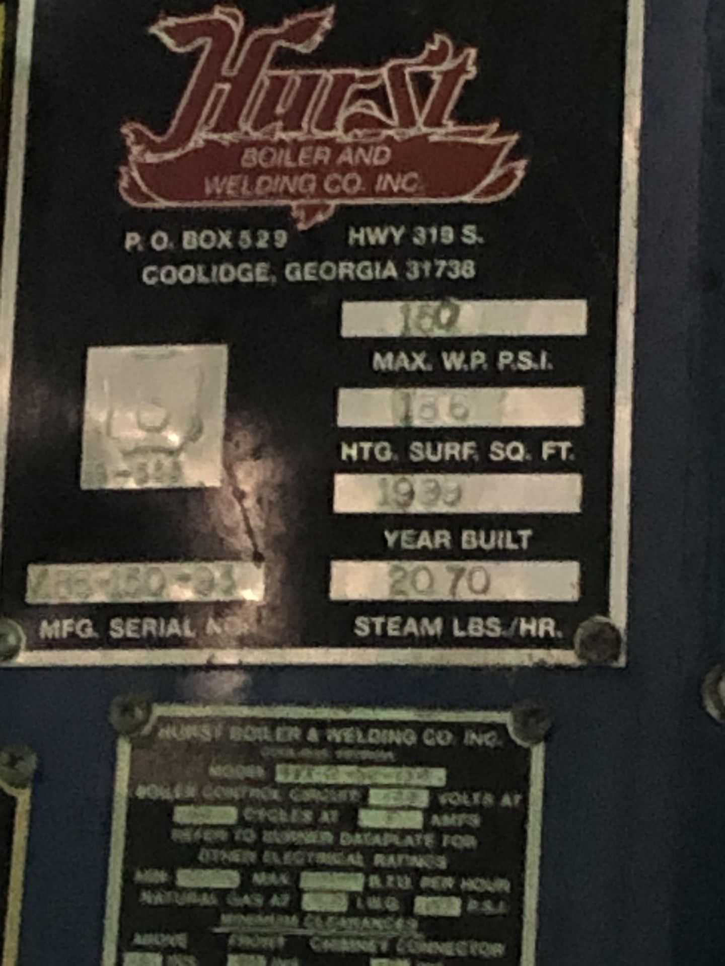 Hurst Boiler 2,070 LBS/hr Steam Rate, 150 PSI, Model 4VT-G-50-150 S/N 6-150-93 Rigging: Call For - Image 2 of 2