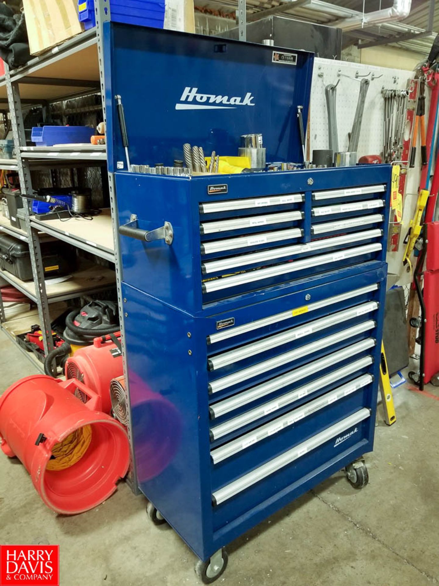 Homak 15-Drawer Rolling Tool Box with Contents of Assorted Sockets Nut Drivers Hammers Allen