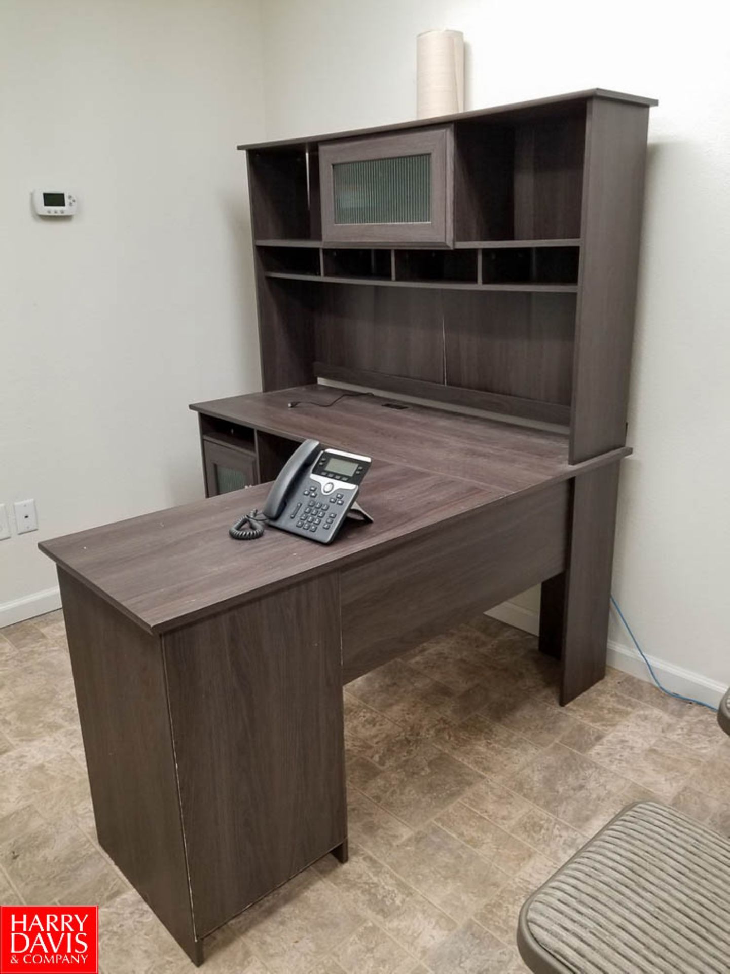 Office Furniture Including (1) L-Shaped Desk w/ Overhead Cabinetry (1) Wooden Book Shelf (1)