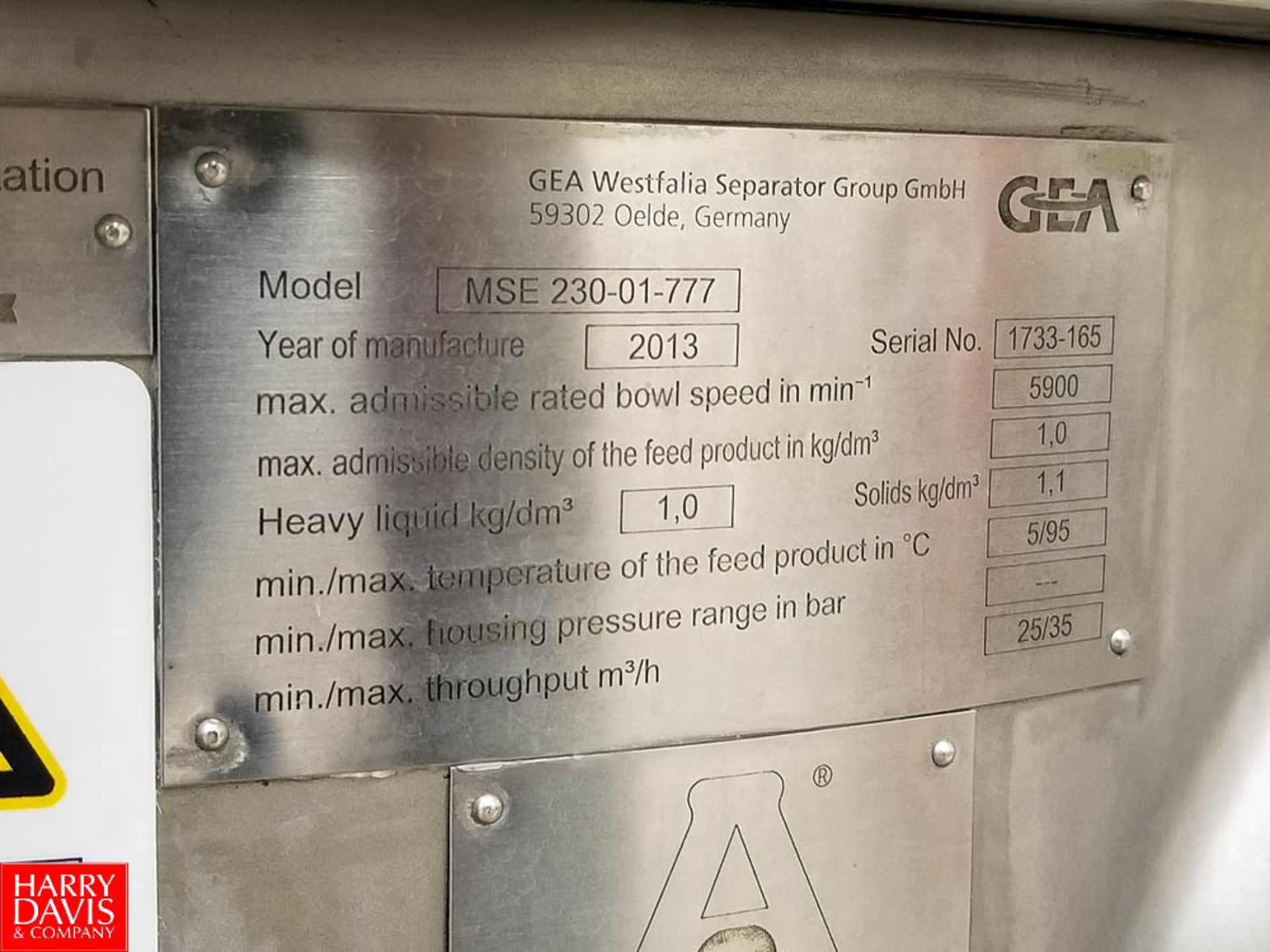 2013 GEA Separator Model MSE 230-010777 SN 1733-165 6900 GPH - Rigging Fee: $750 - Image 5 of 5