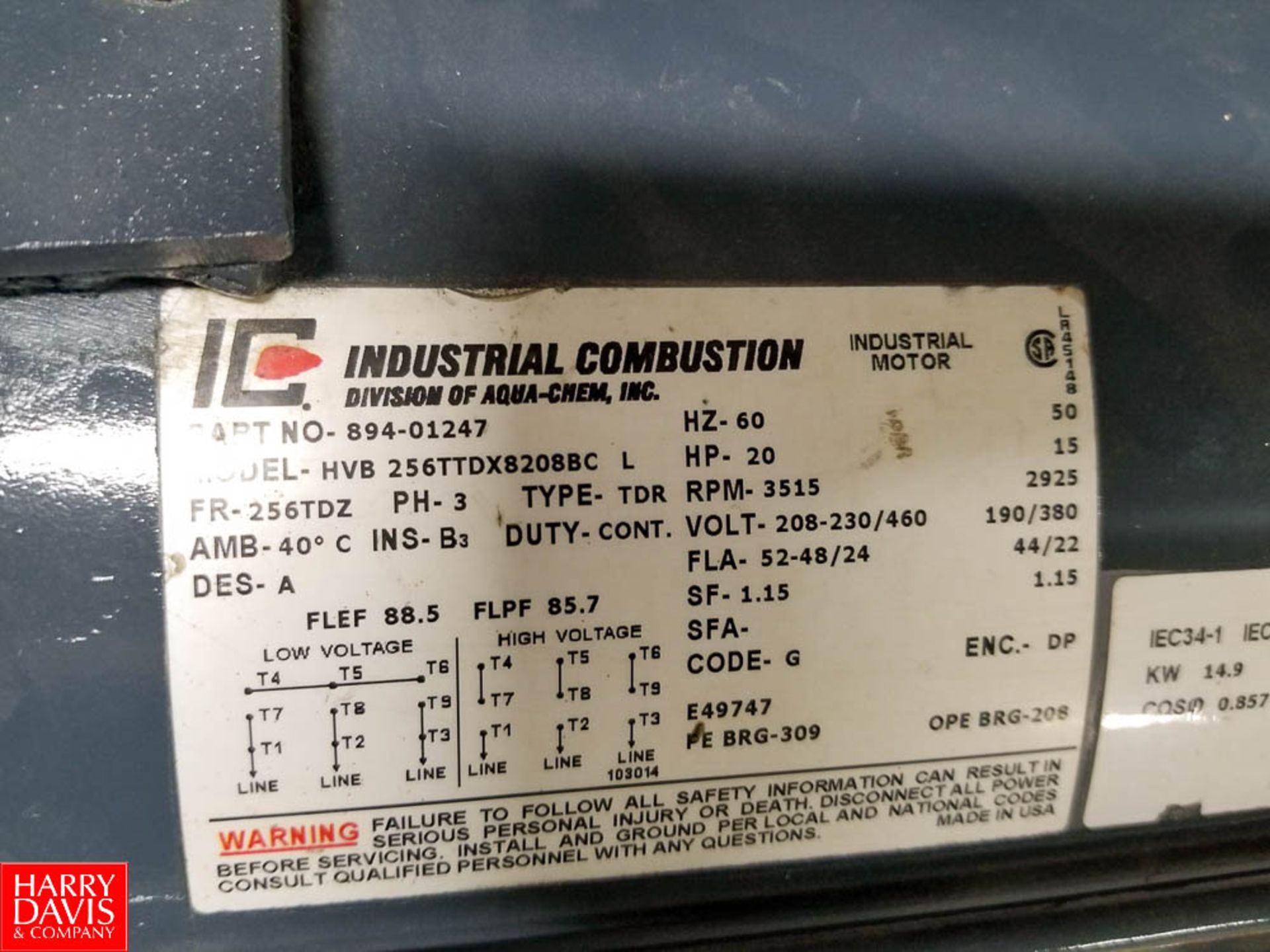 Industrial Combustion 20 HP Vertical Motor Model HVB256TTDX8208BC - Rigging Fee: $35 - Image 2 of 2