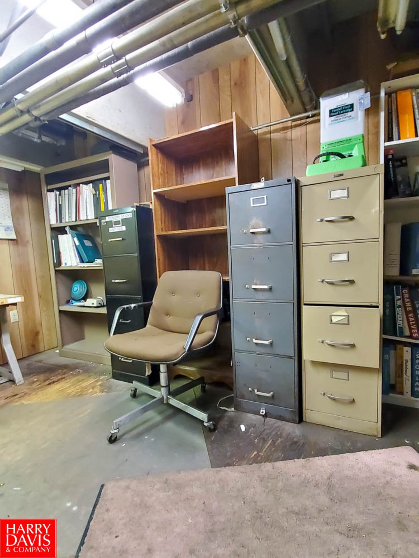 (1) Wood Desk; (8) 4-Drawer Metal Vertical Filing Cabinets; (2) Bookshelfs Rigging Fee: $ 200 - Image 2 of 4