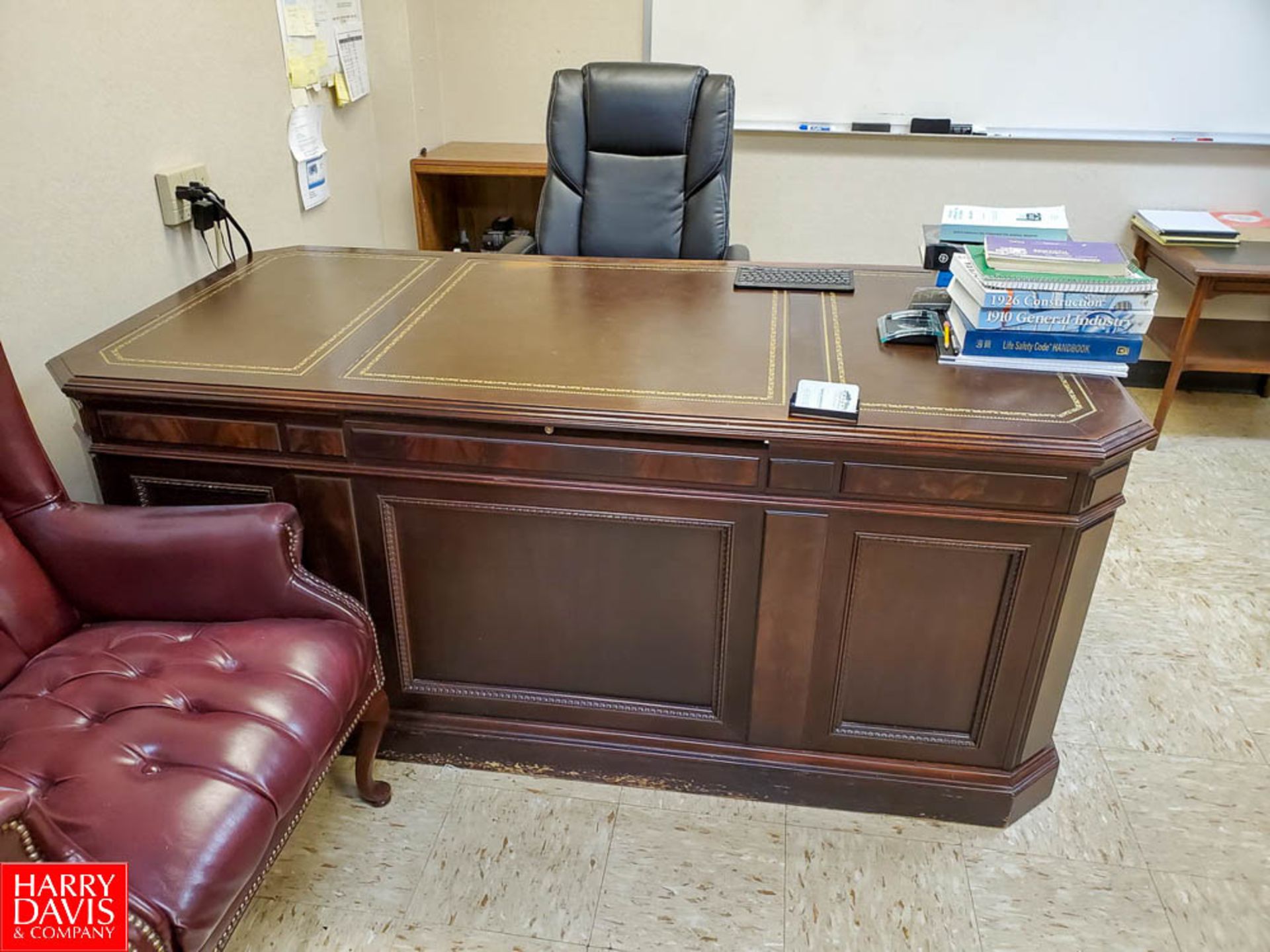 (1) Ornate Solid Wood Desk with Leather Top and Gold Leaf Accents; (1) Ornate Solid Wood Hutch; (1)