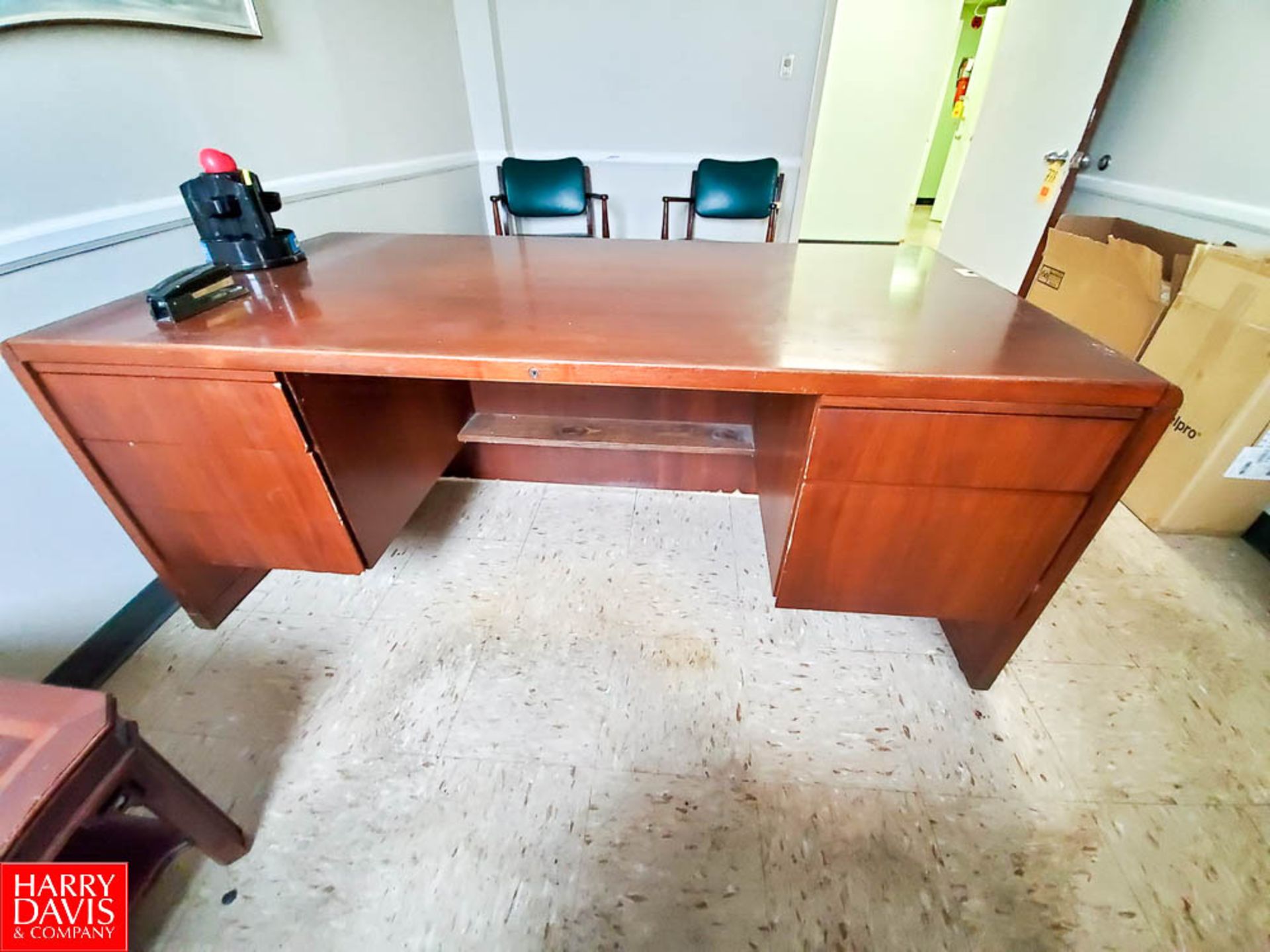 (1) Wood Desk; (1) Bookshelf; (1) Leather Style Computer Chair; (2) Leather Style Chairs with Wood