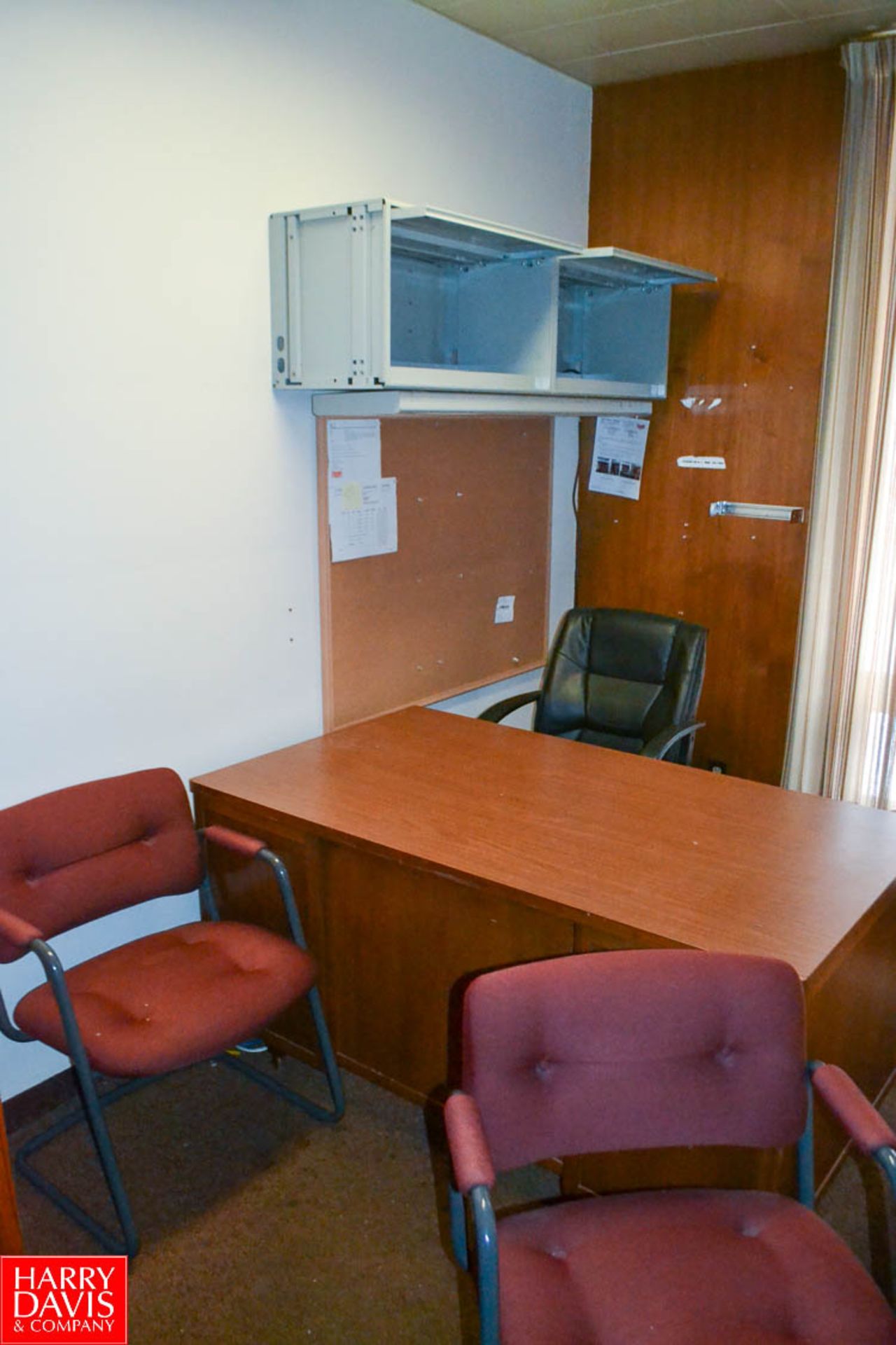 Contents of 2 offices with wood desk; Computer desk with riser; single pedestal desk, (2) 2 drawer