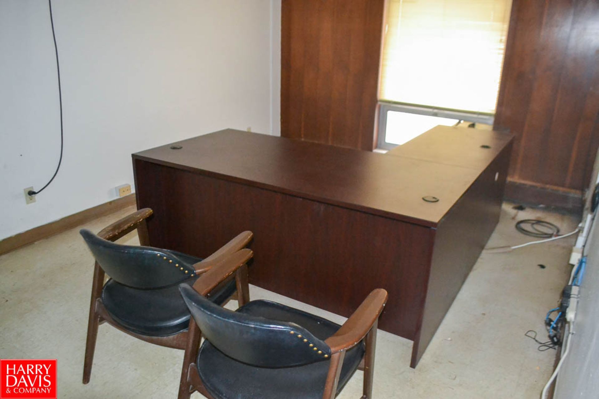 Contents of office with (6) 3 drawer file cabinets; Composite wood grain L shaped desk mini