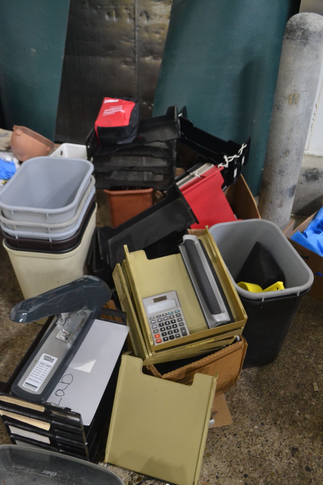 Office Accessory Bundle with Numerous Waste Baskes, File Trays, Paper Punches, Etc.