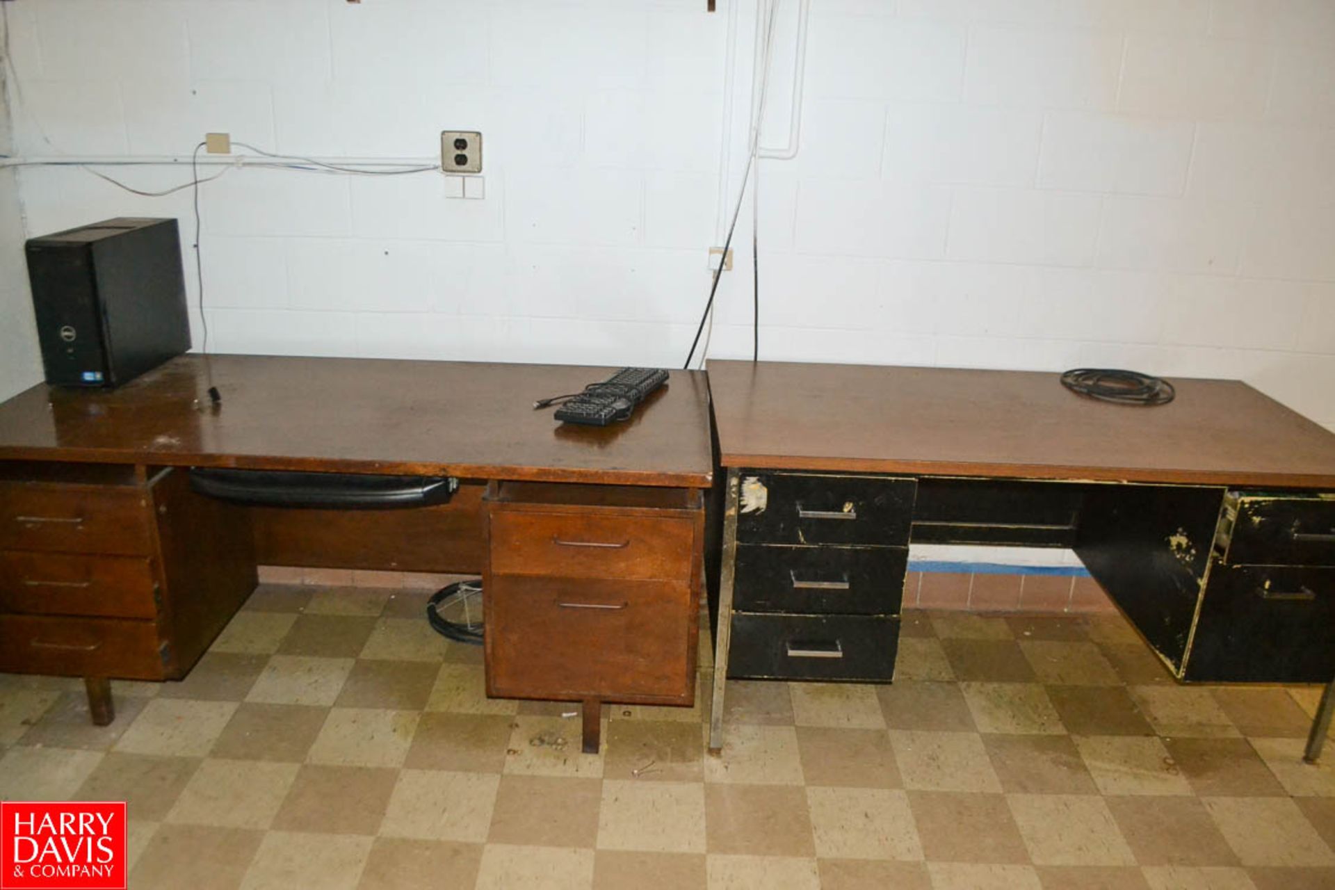 Contents of large basement office with 4 desks, 2 chairs, mini-fridge, microwave and 3 computers - Image 2 of 3