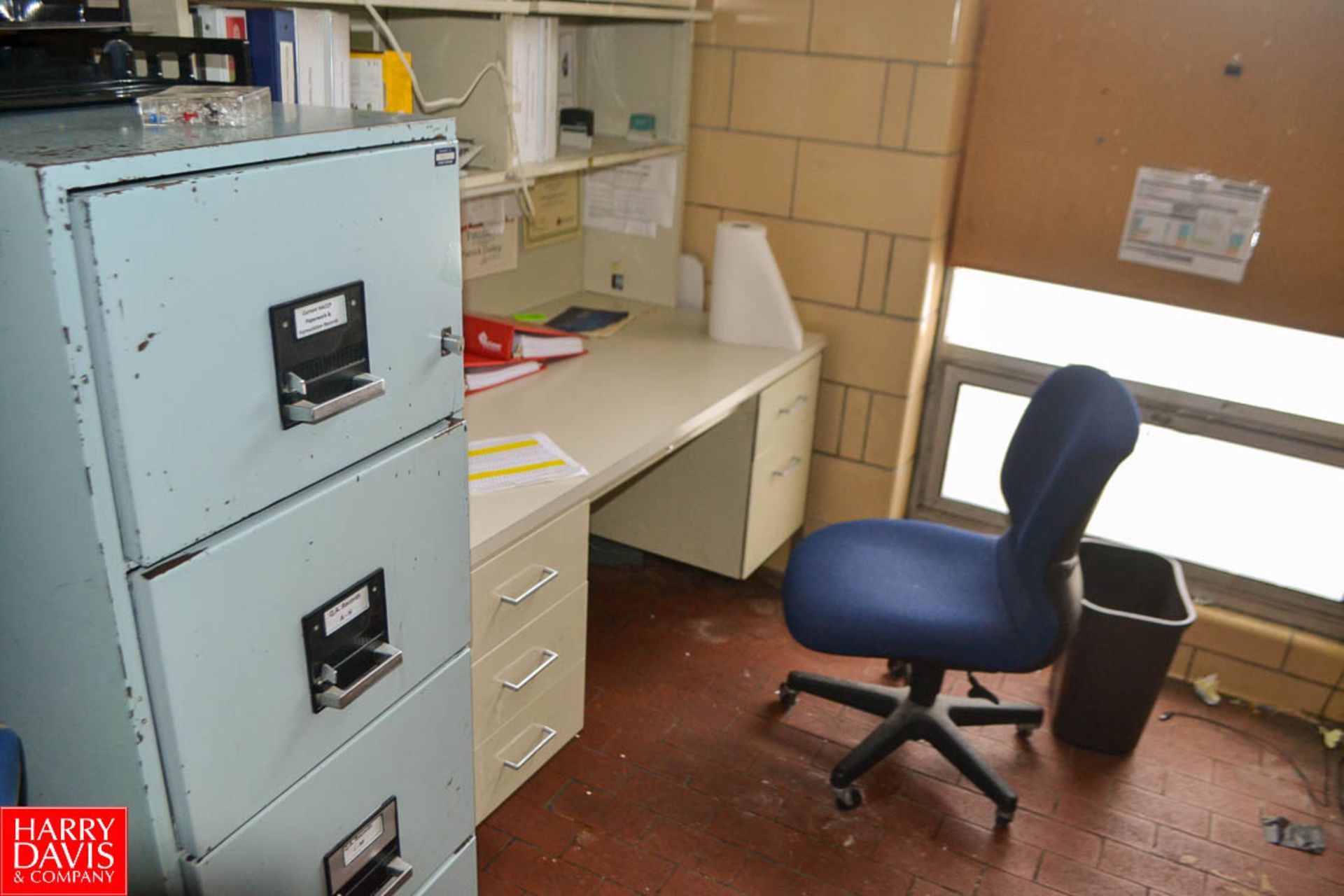 Contents of lab office; Includes L shaped metal desk with chair; Double pedestal desk with 2 chairs, - Image 2 of 3