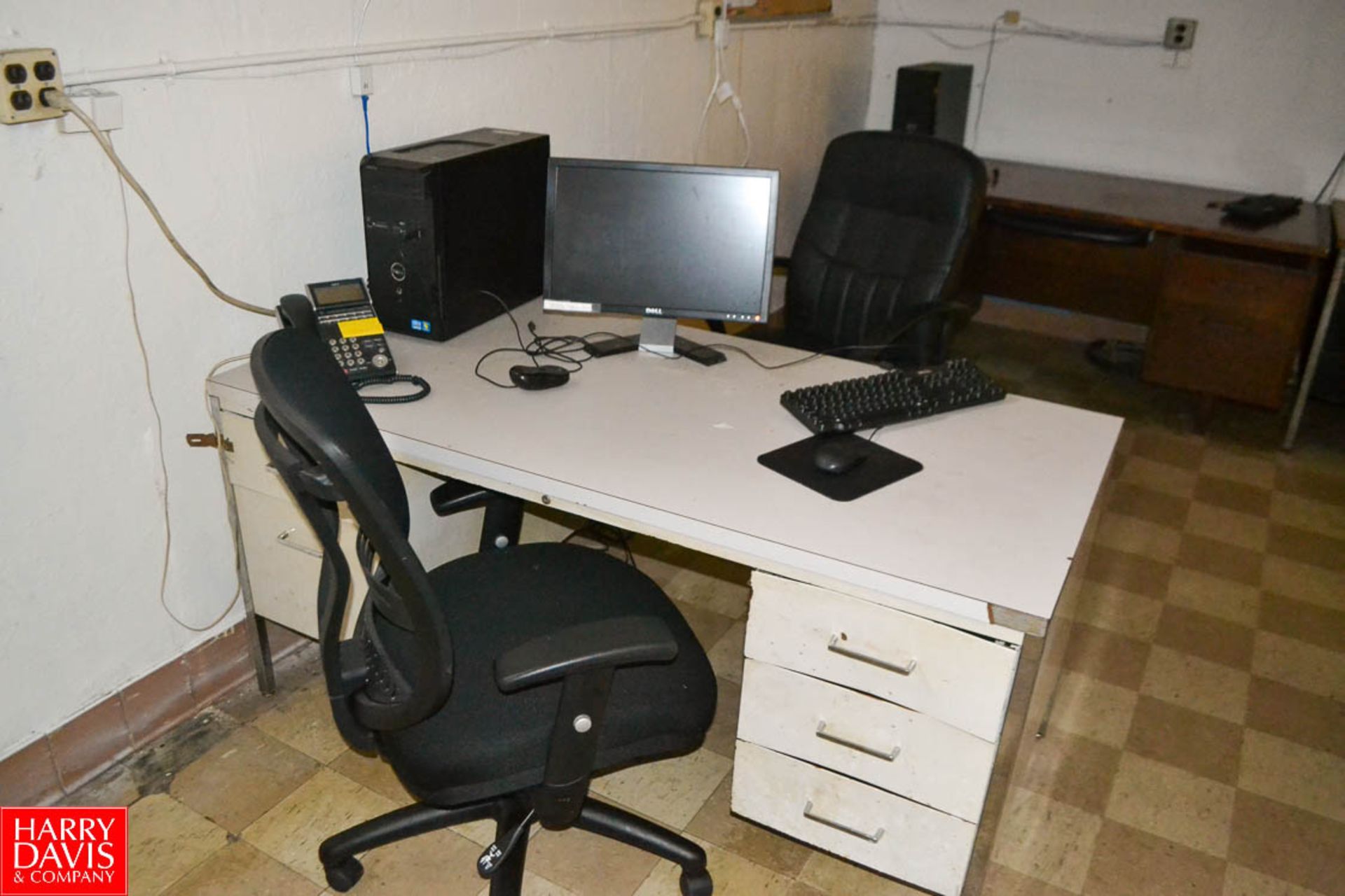 Contents of large basement office with 4 desks, 2 chairs, mini-fridge, microwave and 3 computers - Image 3 of 3