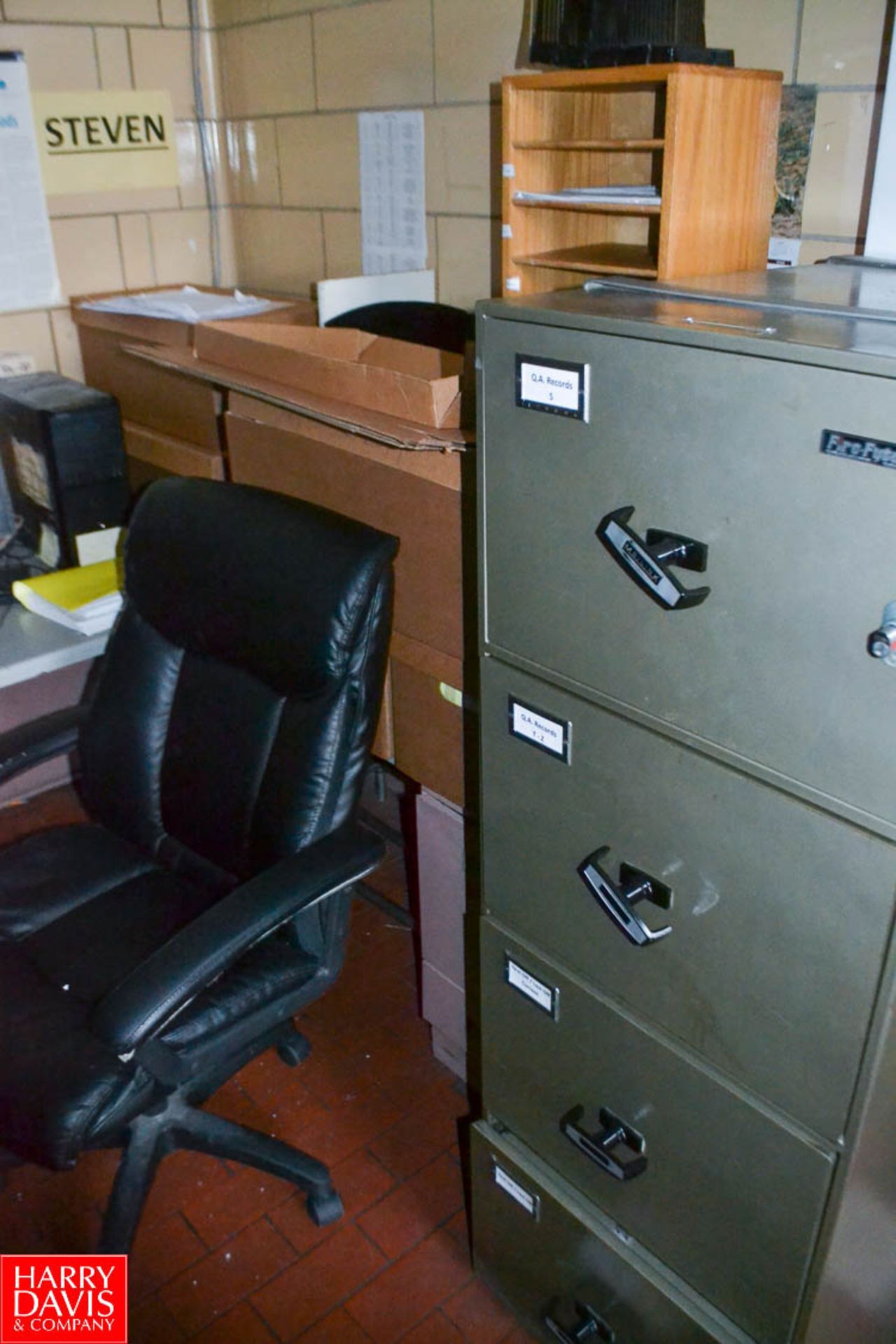 Contents of lab office; Includes L shaped metal desk with chair; Double pedestal desk with 2 chairs,