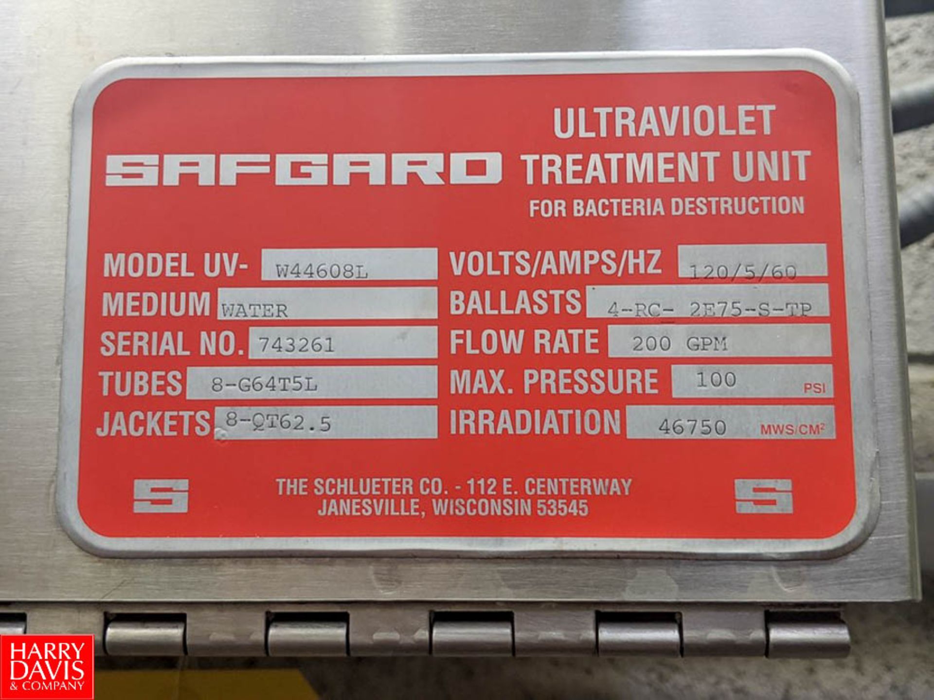 Safgard 200 GPM Ultraviolet Treatment Unit for Bacteria Destruction Model UV-W44608L : SN 743261 - Image 4 of 4