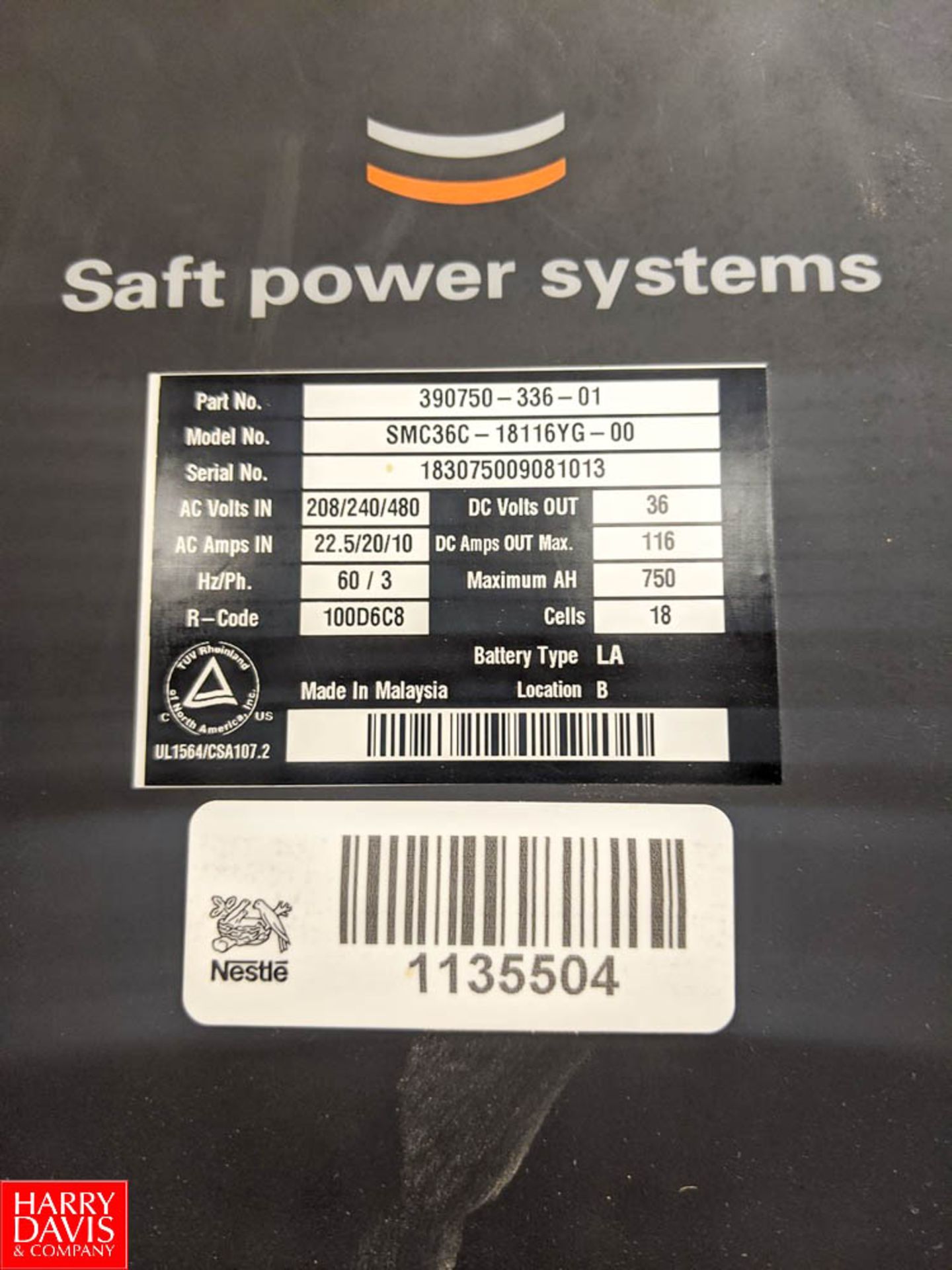 Saft Power Systems 36 Volt Battery Charger Model SMC36C-18116YG-00 Rigging Fee: $75 - Image 2 of 2