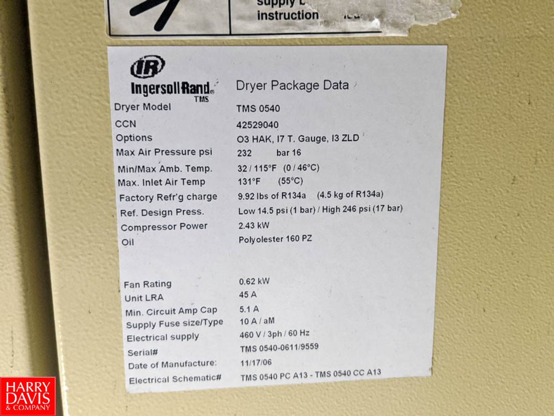 Ingersoll-Rand Refrigerated Air Dryer Model TMS0540 : SN TMS 0540-0611/9559 Rigging Fee: $350 - Image 2 of 2