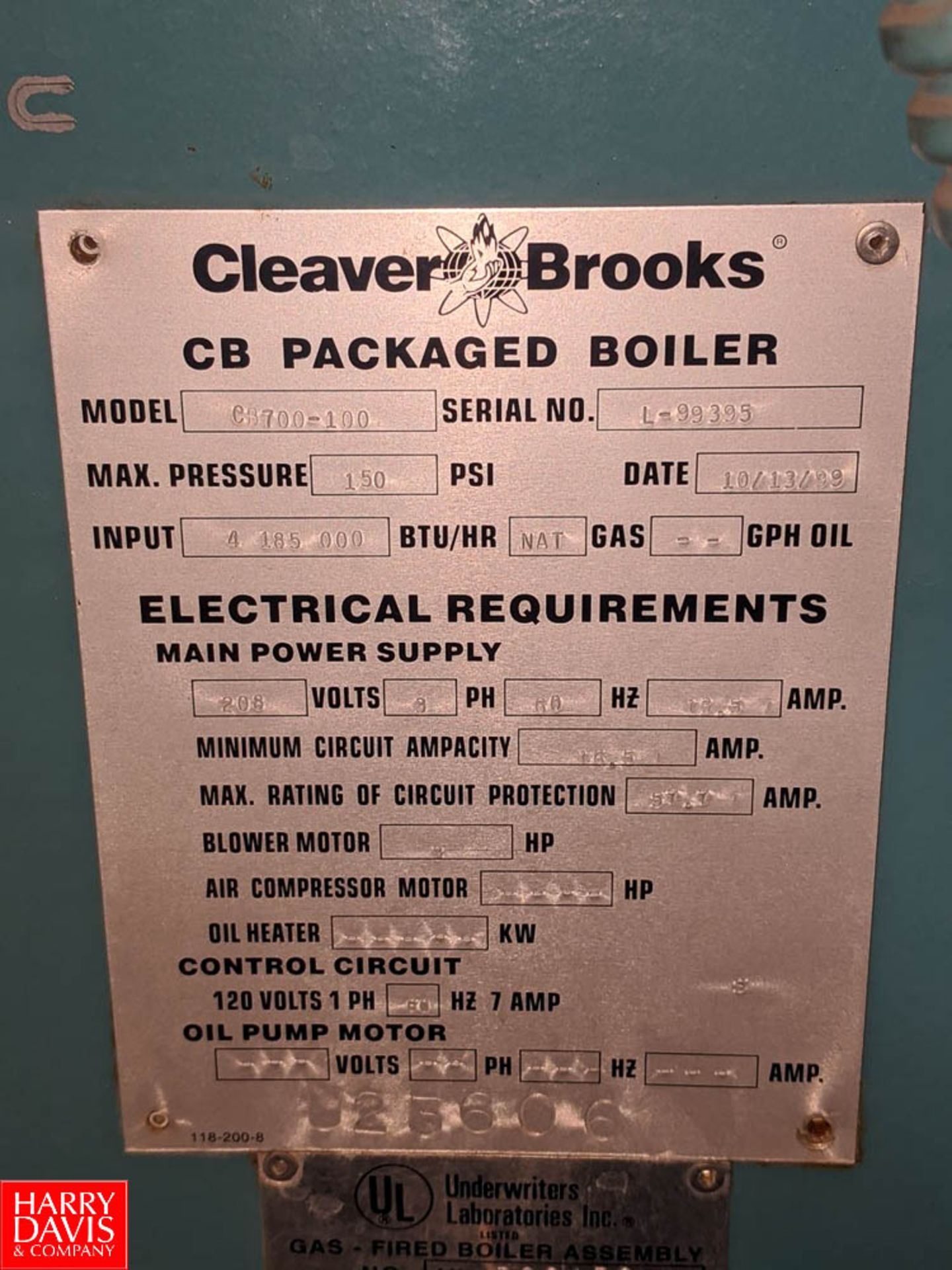 Cleaver Brooks 100 HP Natural Gas Boiler Model CB700-100 : SN L-99395 Rigging Fee: $2950 - Image 4 of 4