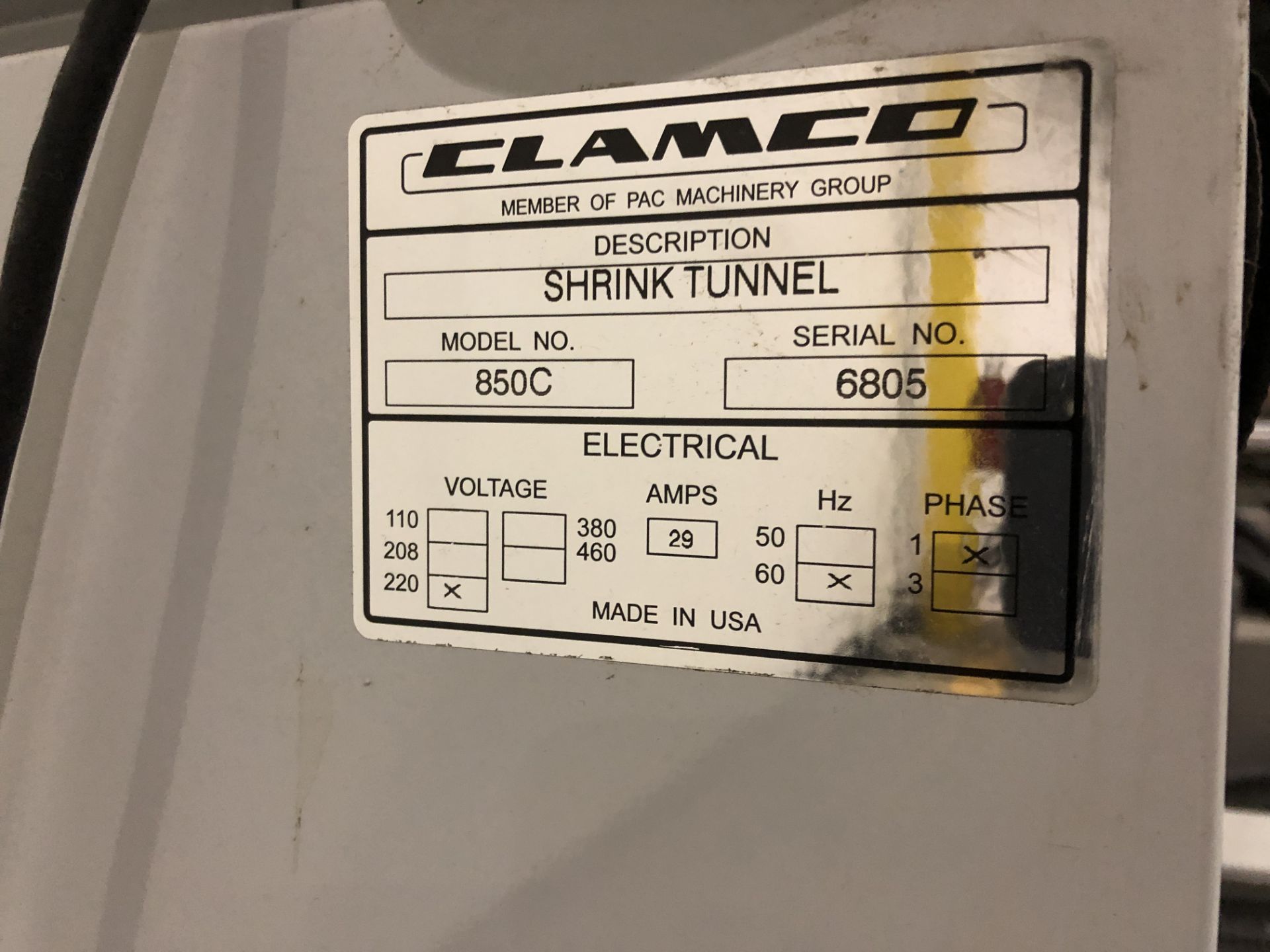 Clamco Shrink Tunnel, Model 850C, S/N 6805, 220 Volt, Single Phase Rigging: $125 - Image 3 of 3