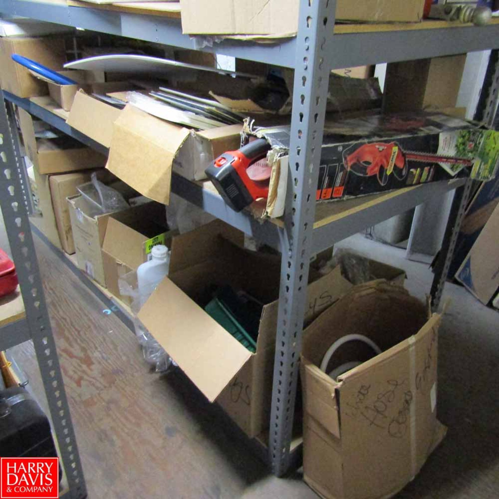 Shelving Unit with Contents Including: Buckets, Door Closers, Chords, Lights, Signs Rigging Fee: - Image 2 of 2