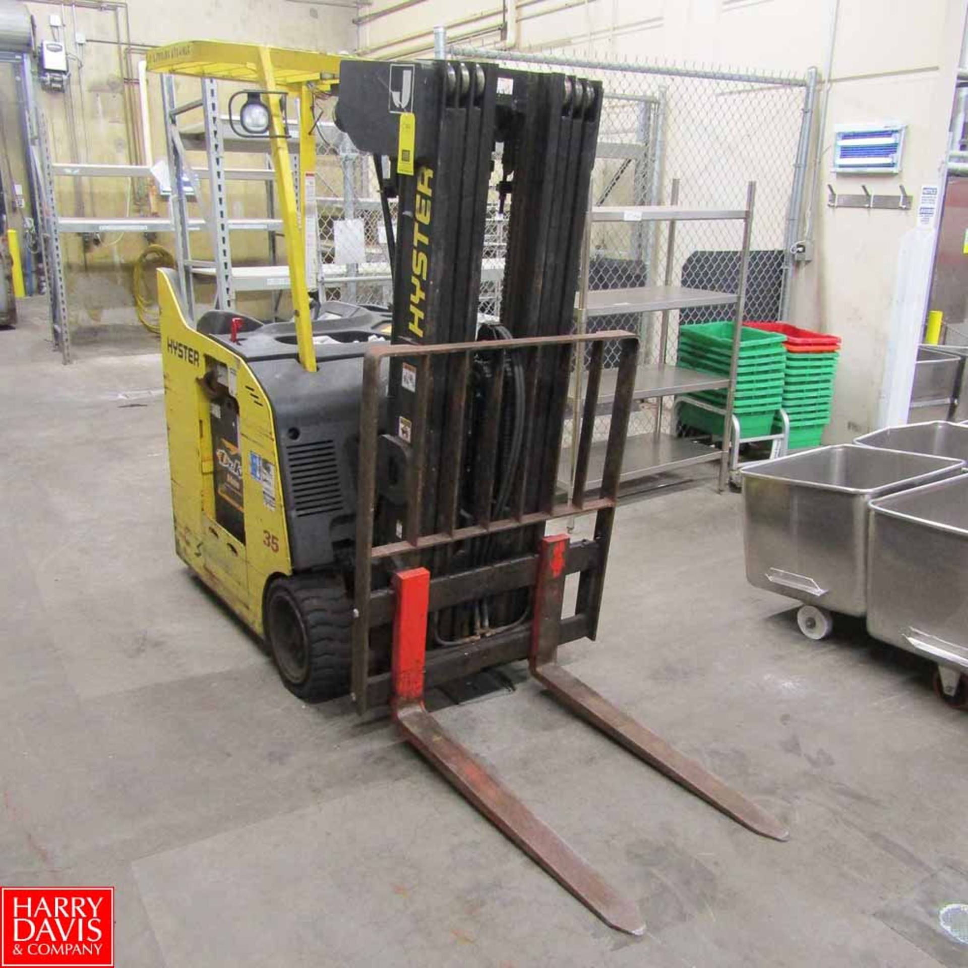 Hyster 3,000 LB Capacity Electric Standing Fork Lift Model E35HSD2-18, 4-Stage Mast Rigging Fee: