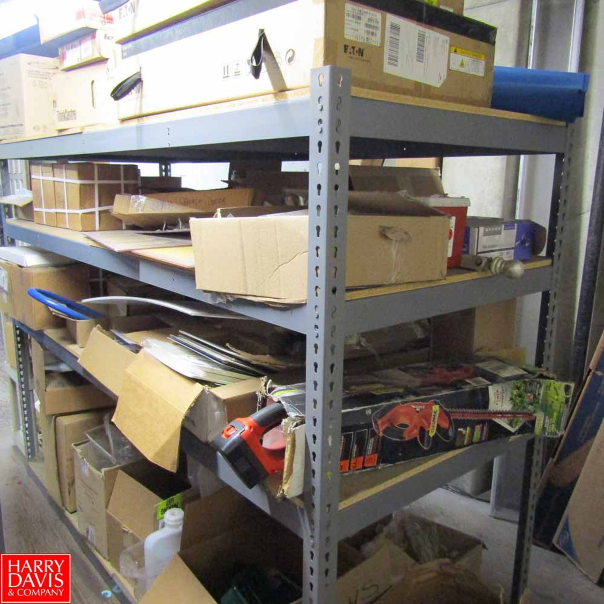 Shelving Unit with Contents Including: Buckets, Door Closers, Chords, Lights, Signs Rigging Fee: