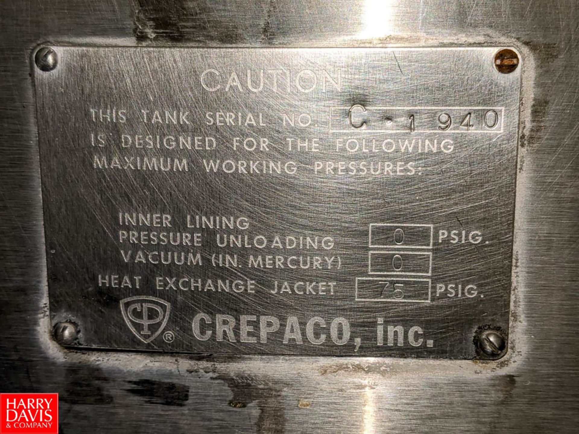 Crepaco 600 Gallon S/S Jacketed Processor Tank with Vertical Agitation SN: C-1940 Tank V3, (Loc. - Image 5 of 5
