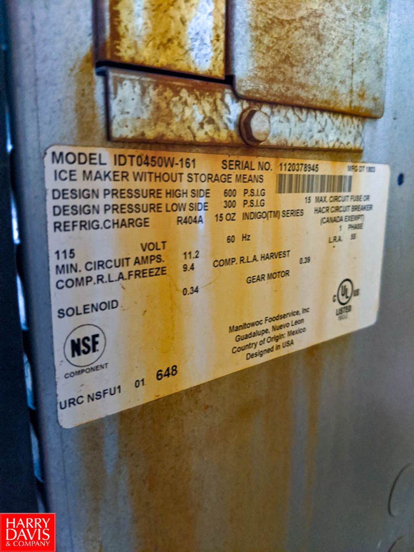 Manitowoc Ice Maker with Storage Model: IDT0450W-161 SN: 1120378945 (Loc. Milk Dock) Rigging Fee: $ - Image 3 of 3