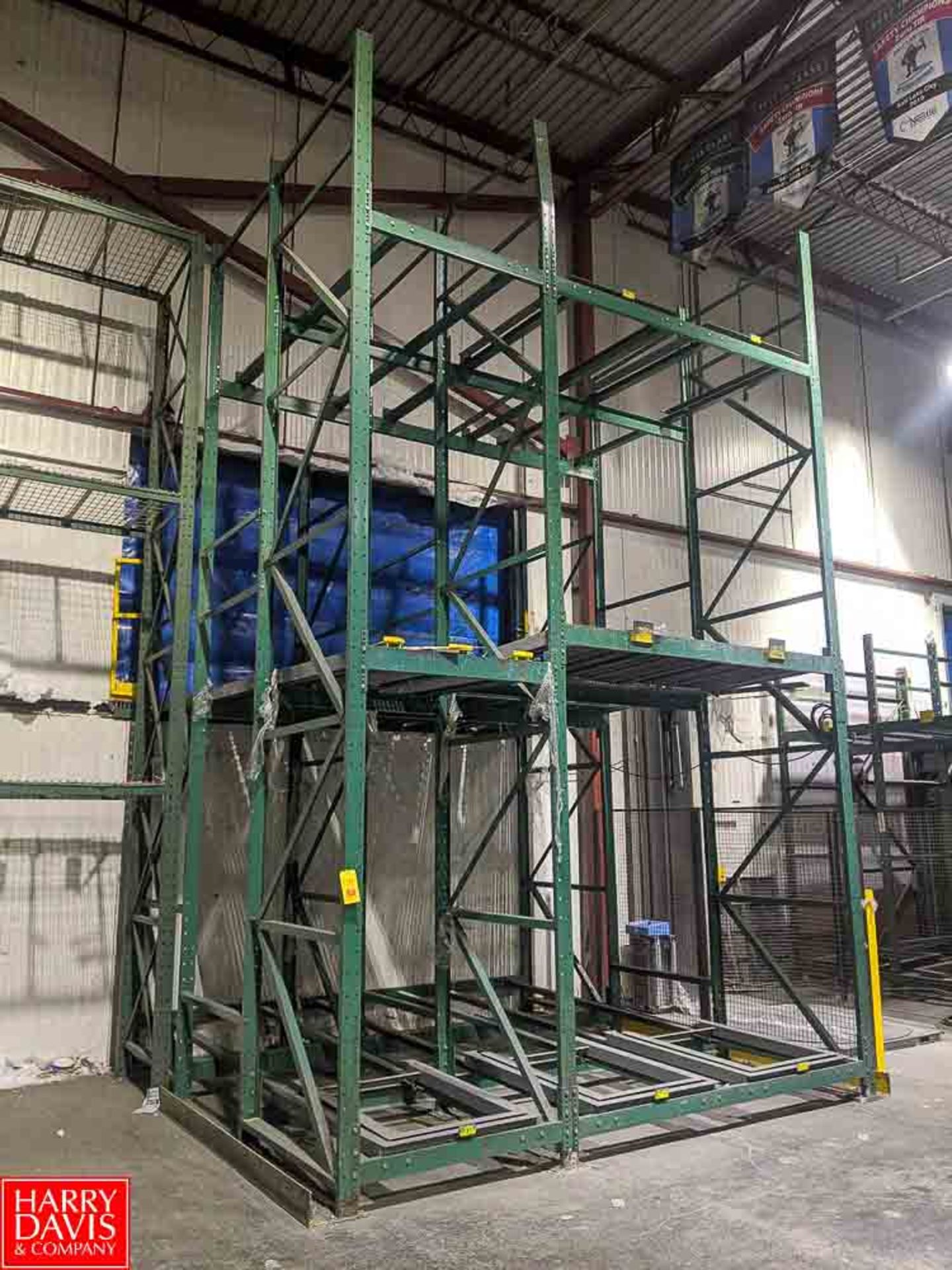 Racking Mezzanine System, with (6) 21' x 42" Uprights, Crossbeams, & Roller Conveyor Decking Rigging