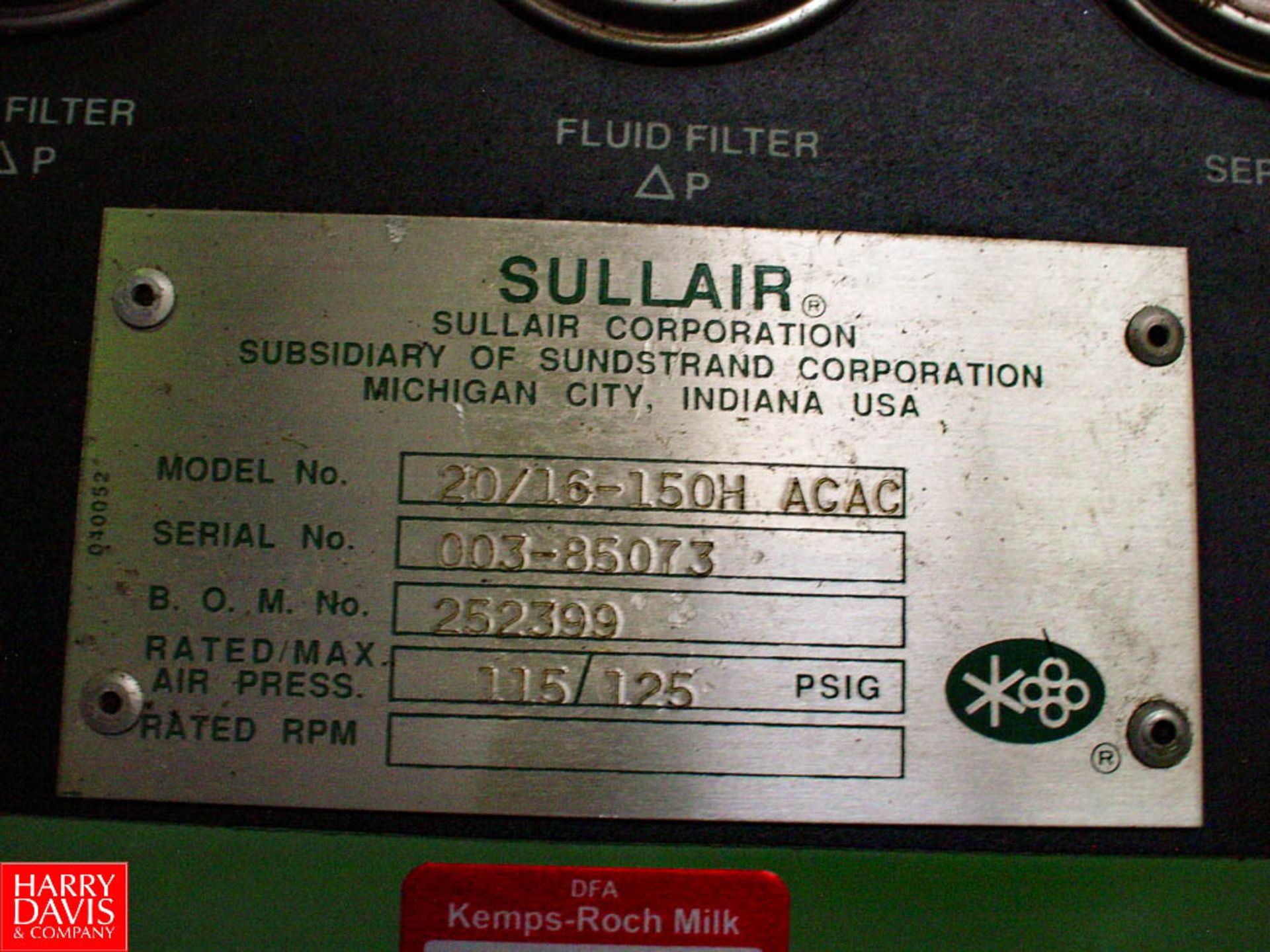 SULLAIR 20/16-150HACAC, 003-85073, 150 HP AIR COMPRESSOR - Rigging Fee: $ 1200 - Image 2 of 2
