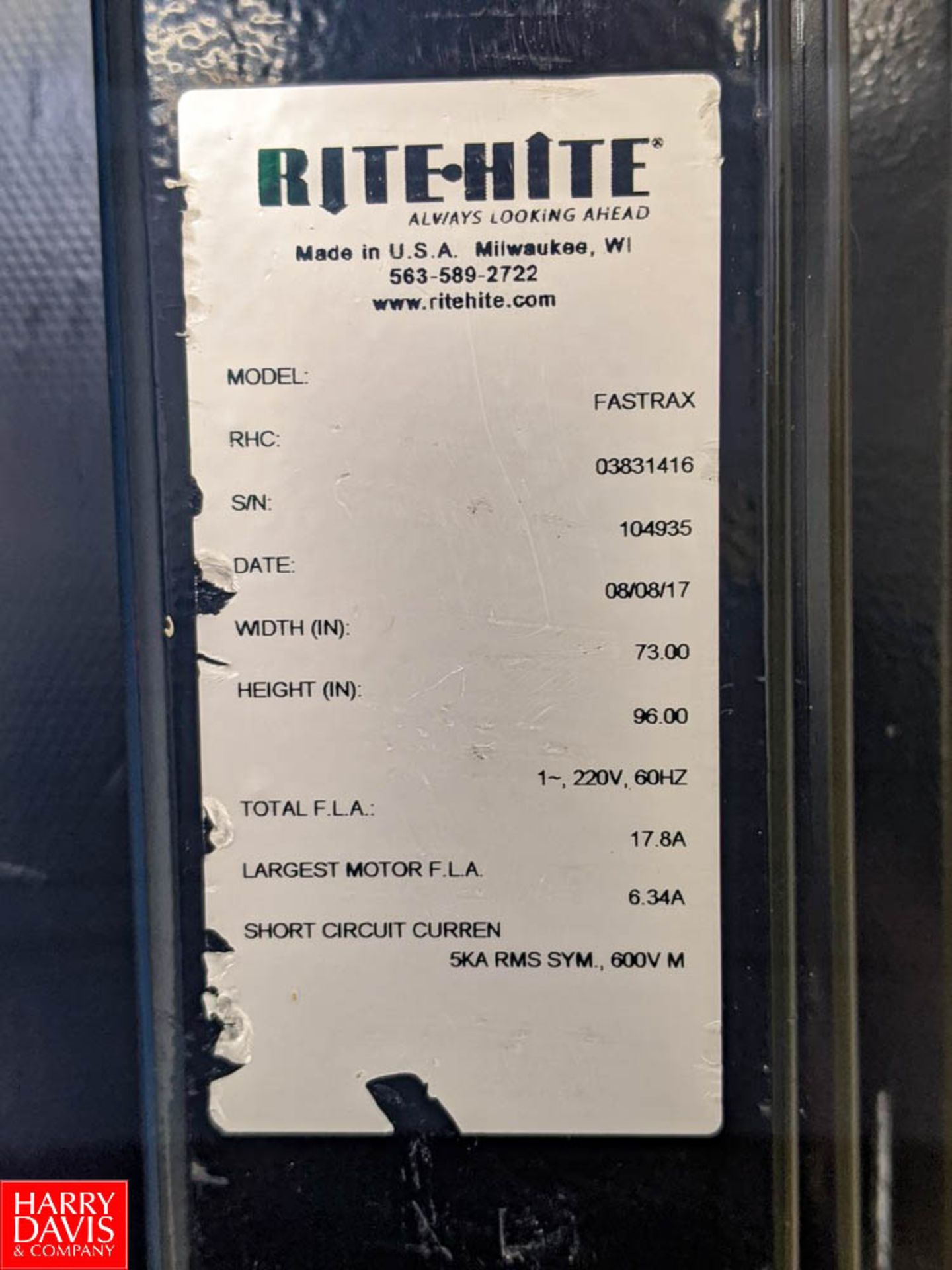 Rite-Hite High Speed Roll-Up Door Model FASTRAX : SN 104935, 73" Width x 96" Height **Located in - Image 3 of 3