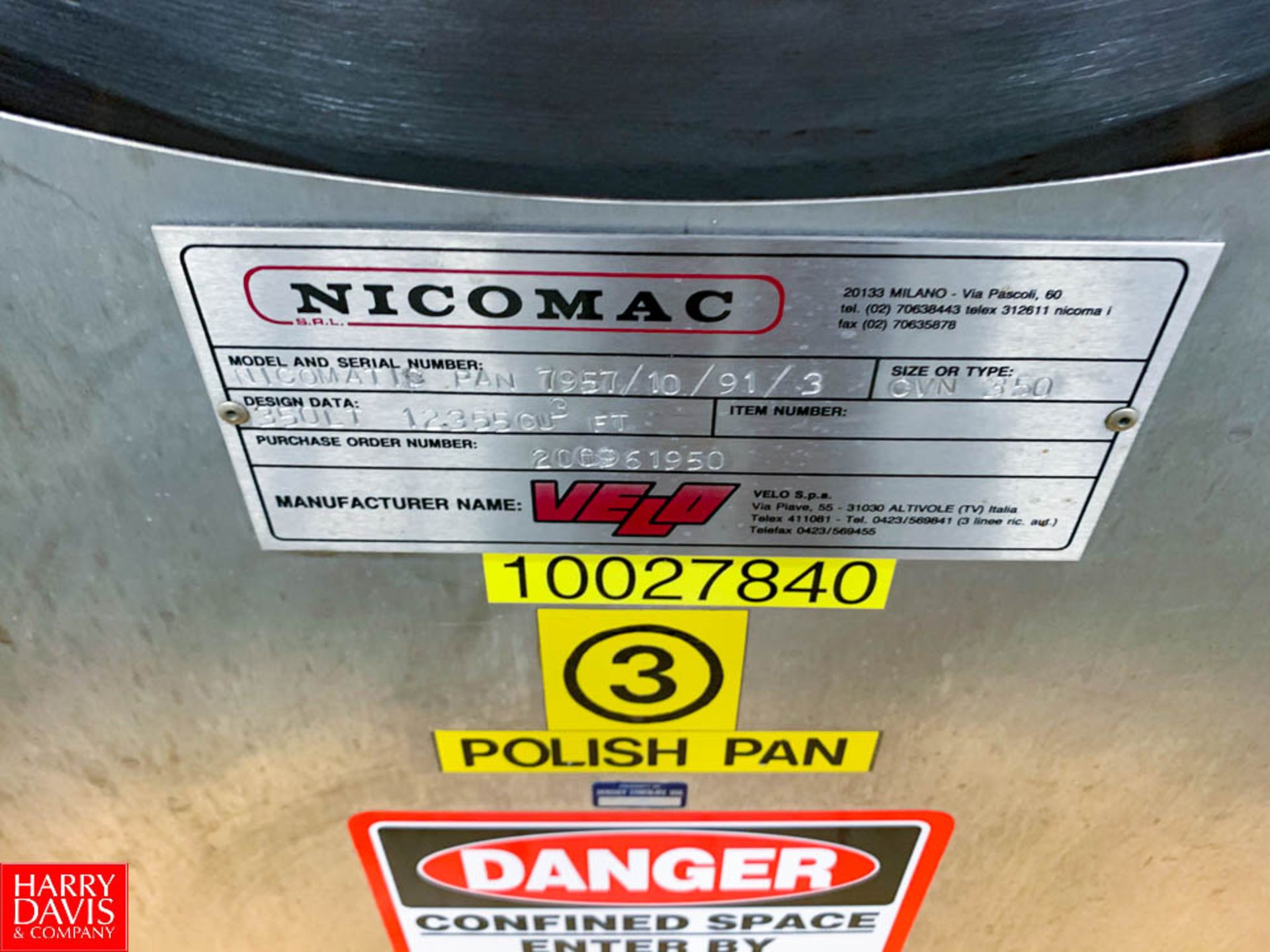 Velo Nicomac S/S Polishing Pan Model Nicomatic Pan.Size CVN 350, S/N 7975/10/91/3 Rigging Fee: $ - Image 2 of 2