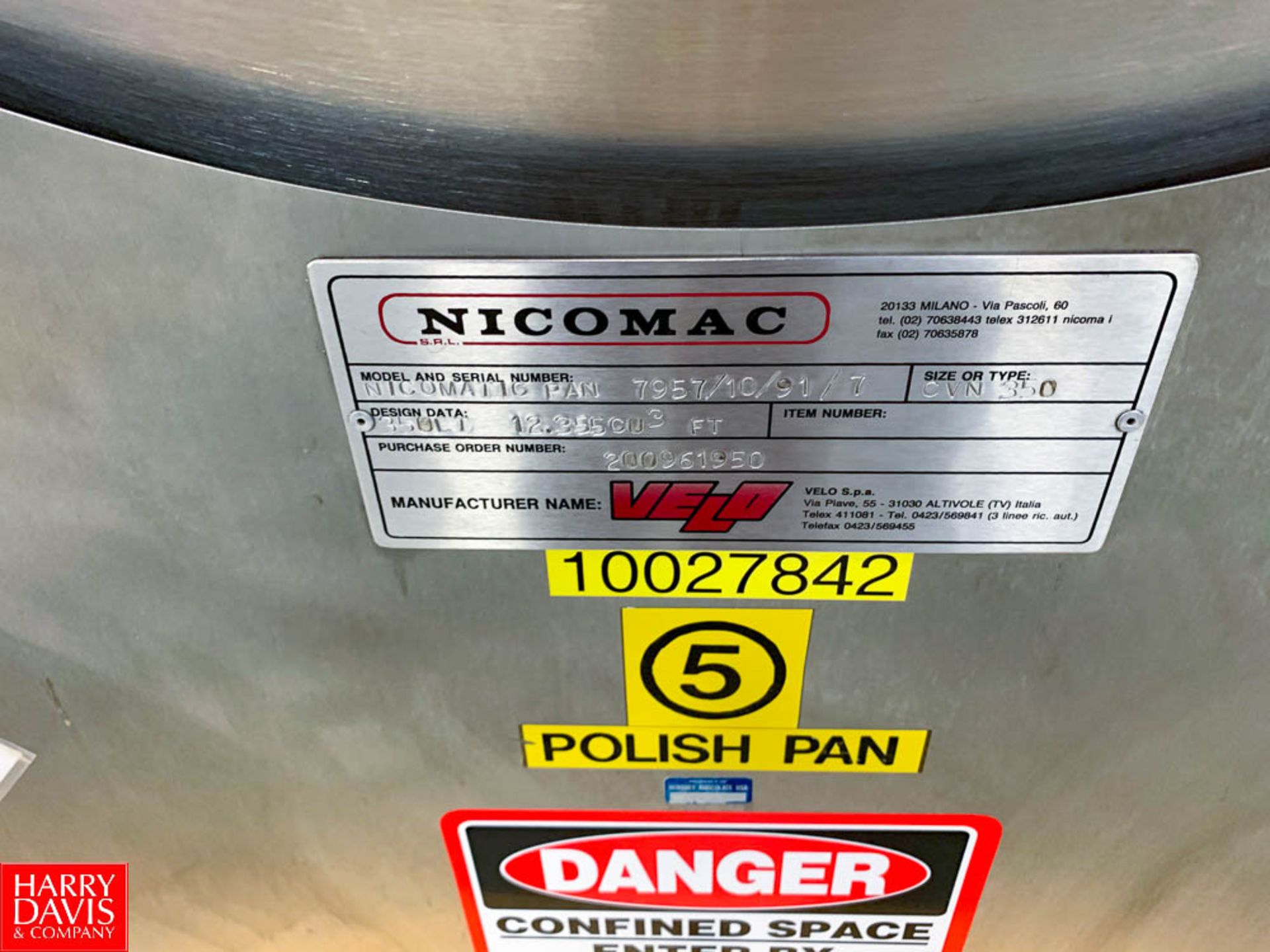 Velo Nicomac S/S Polishing Pan Model Nicomatic Pan, Size CVN 350, S/N 7957/10/91/7 Rigging Fee: $ - Image 2 of 2