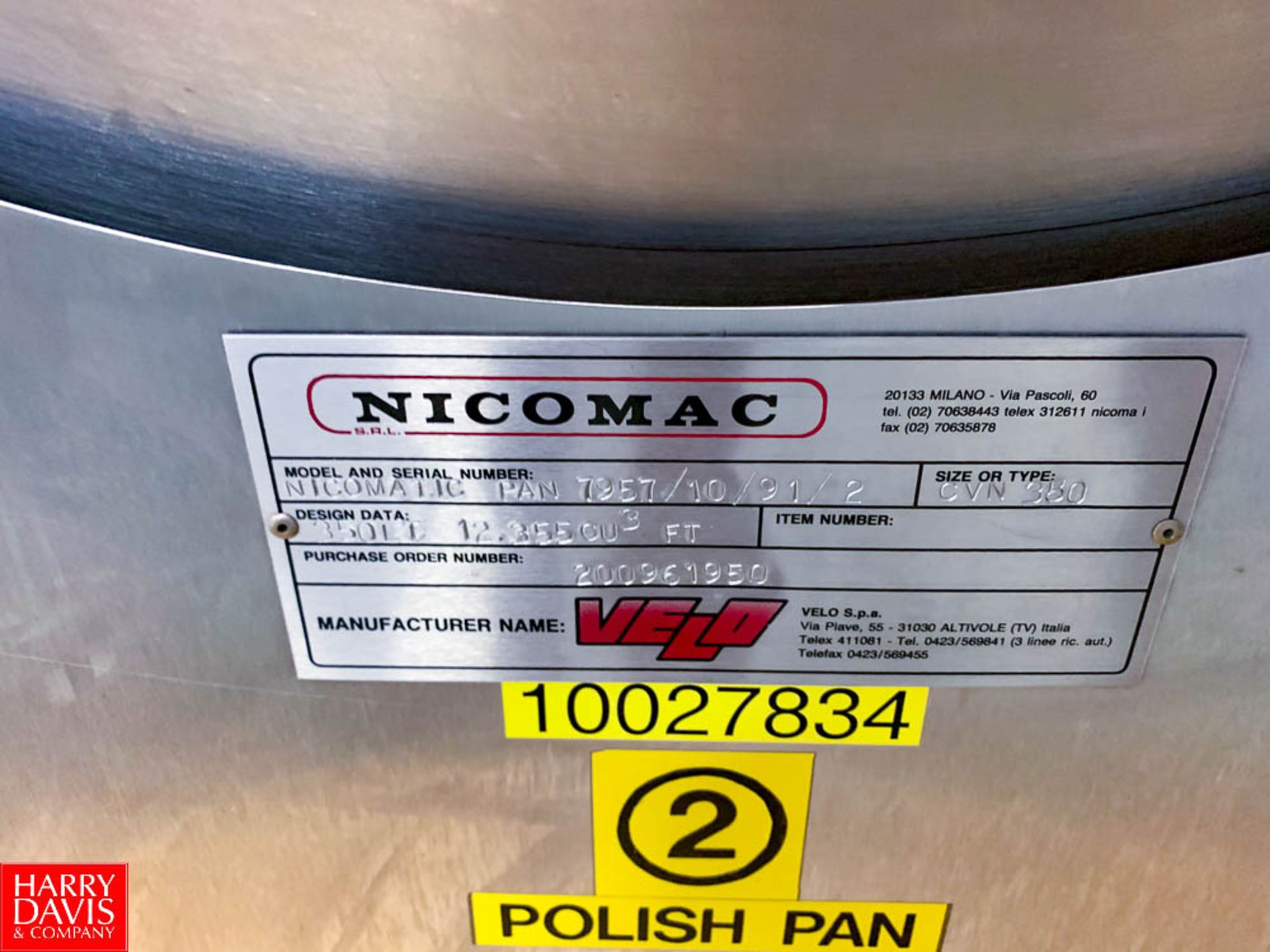 Velo Nicomac S/S Polishing Pan Model Nicomatic Pan, Size CVN 350, S/N 7957/10/91/2 Rigging Fee: $ - Image 3 of 4