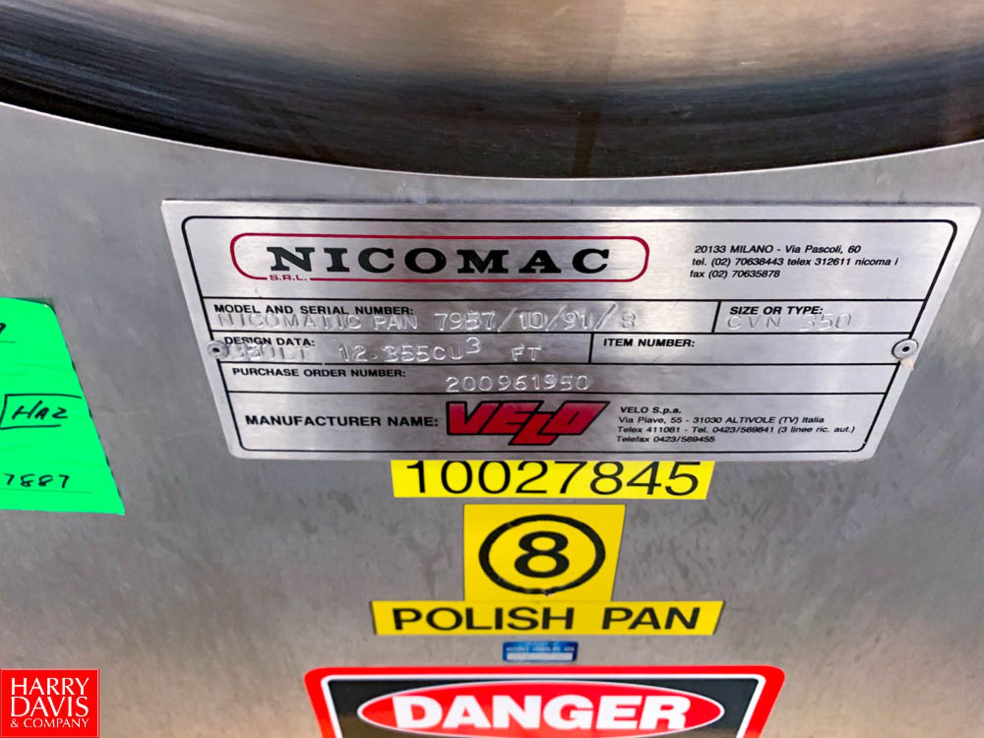 Velo Nicomac S/S Polishing Pan Model Nicomatic Pan.Size CVN 350, S/N 7975/10/91/8 Rigging Fee: $ - Image 2 of 2