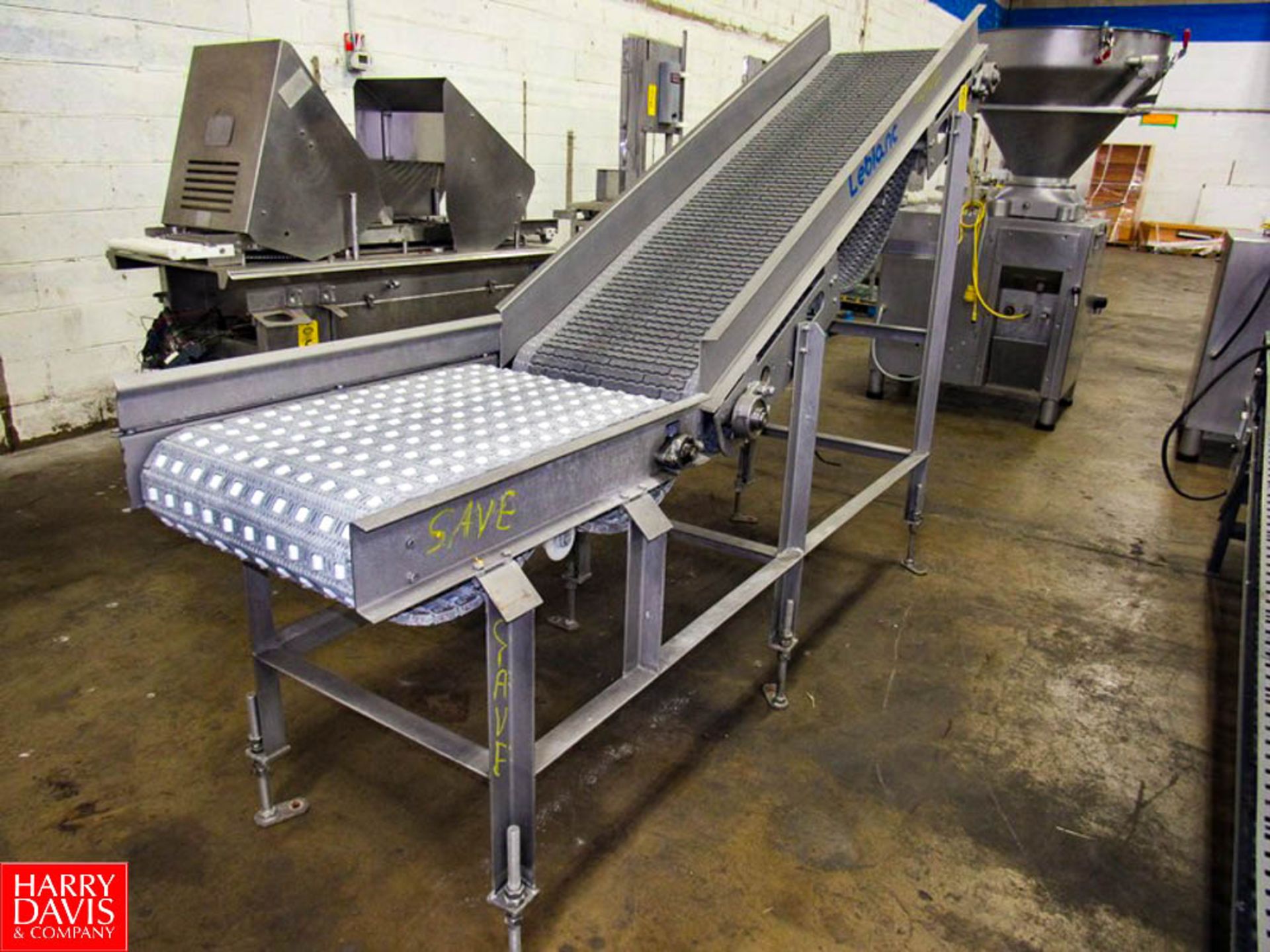 Leblanc Stainless Steel Plastic Belt Incline Conveyor, 20" W X 9' L, 3' infeed, 68" discharge, 230