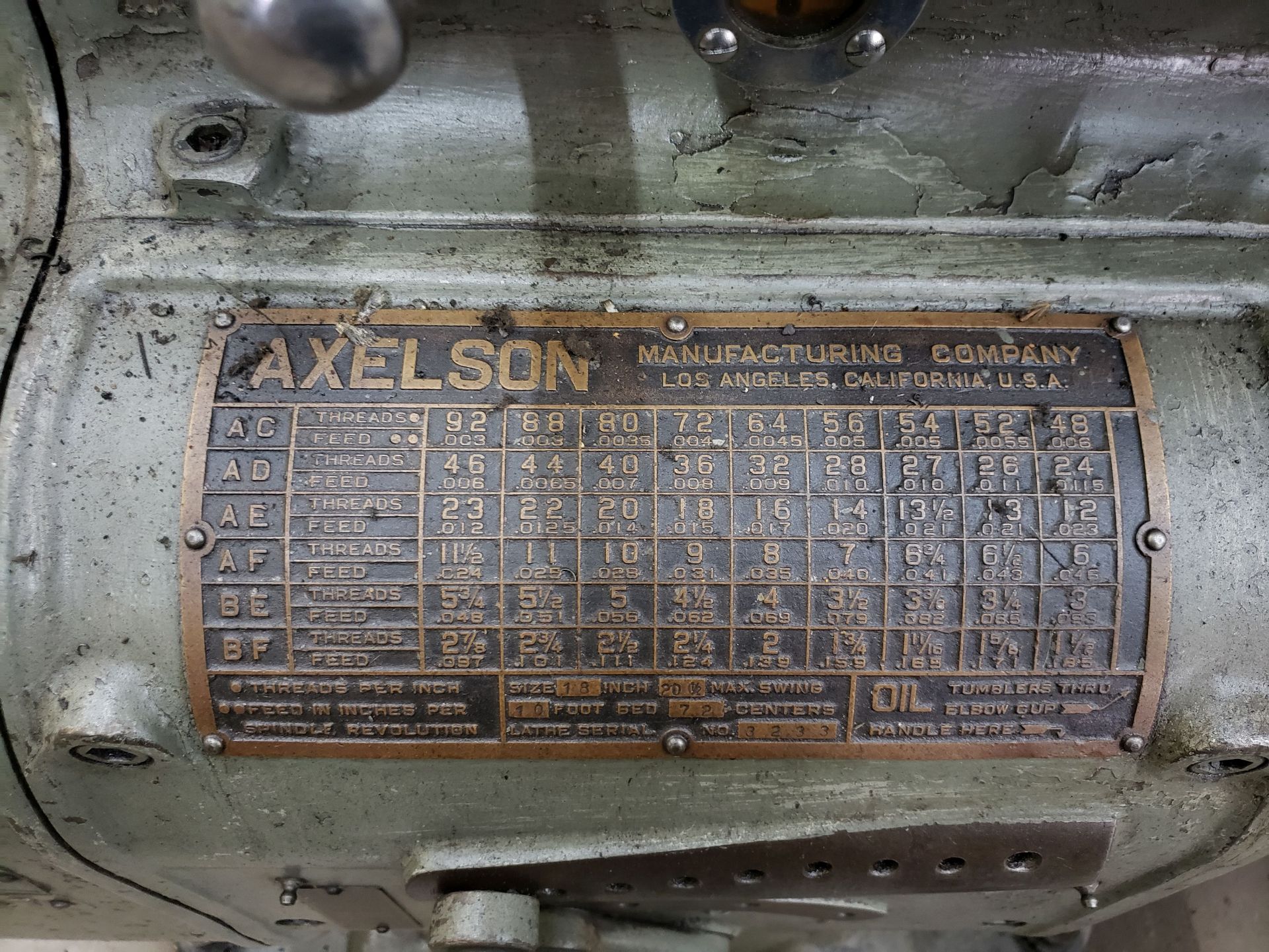 AXELSON 18"x69" LATHE 20.5" SWING, 10' BED LENGTH, 72" CENTERS, 8-808 RPM SPINDLE SPEED, SN 3233, - Image 4 of 10