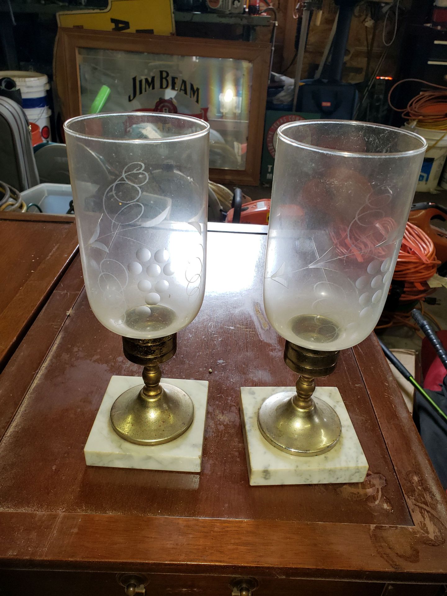 2 GRAPEVINE ETCHED GLASS CANDLE HOLDERS