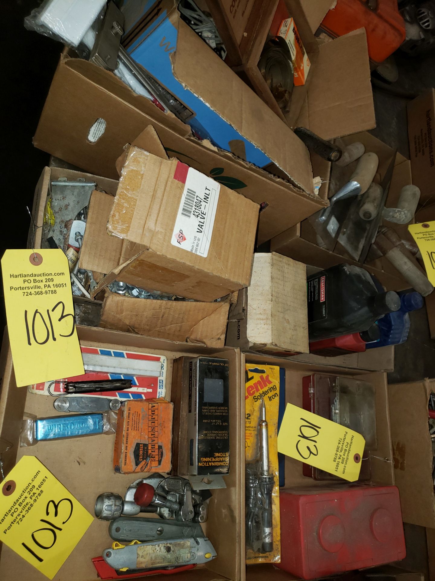 6 BOXES OF MISC. HAND TOOLS, FLAG, FASTENERS,