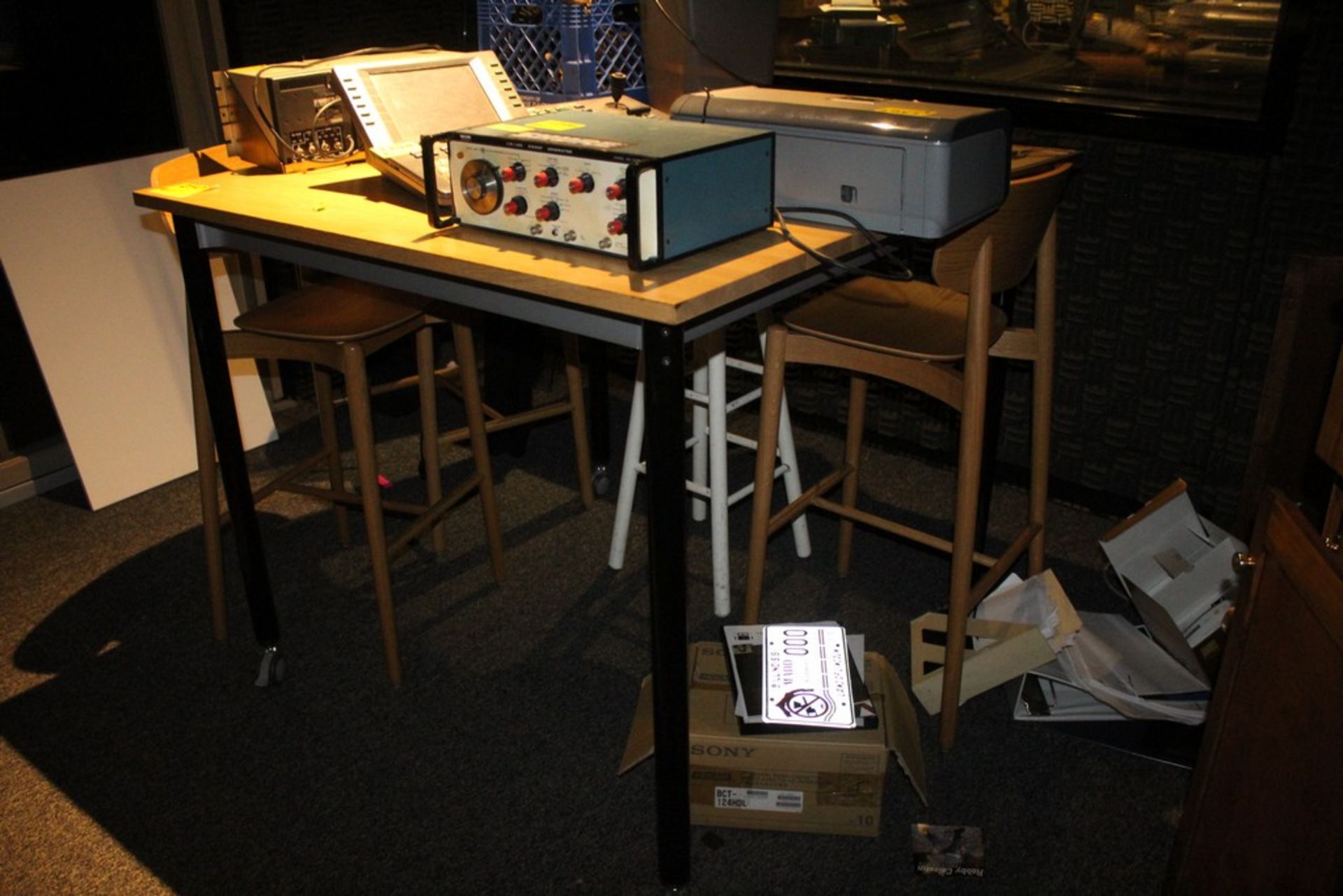 Table with Metal Frame and Wooden Top (3'11" x 3'11") with Three Wooden Chairs and 1 stool