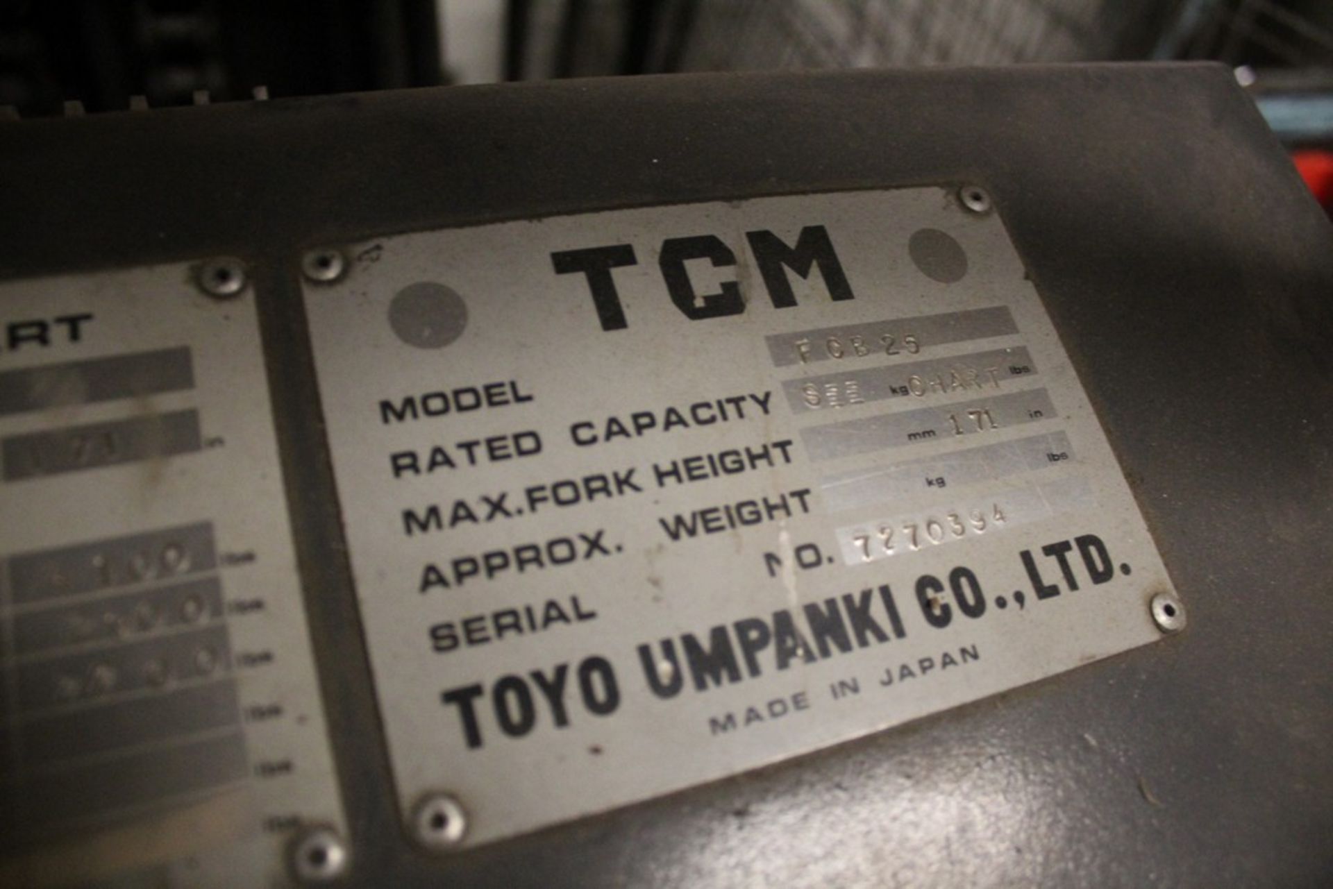 TCM ELECTRIC FORKLIFT, MODEL FGB25, S/N 7270394, 9,444 HOURS, 4,000LBS., WITH CHARGER (DELAYED REMO - Image 3 of 10