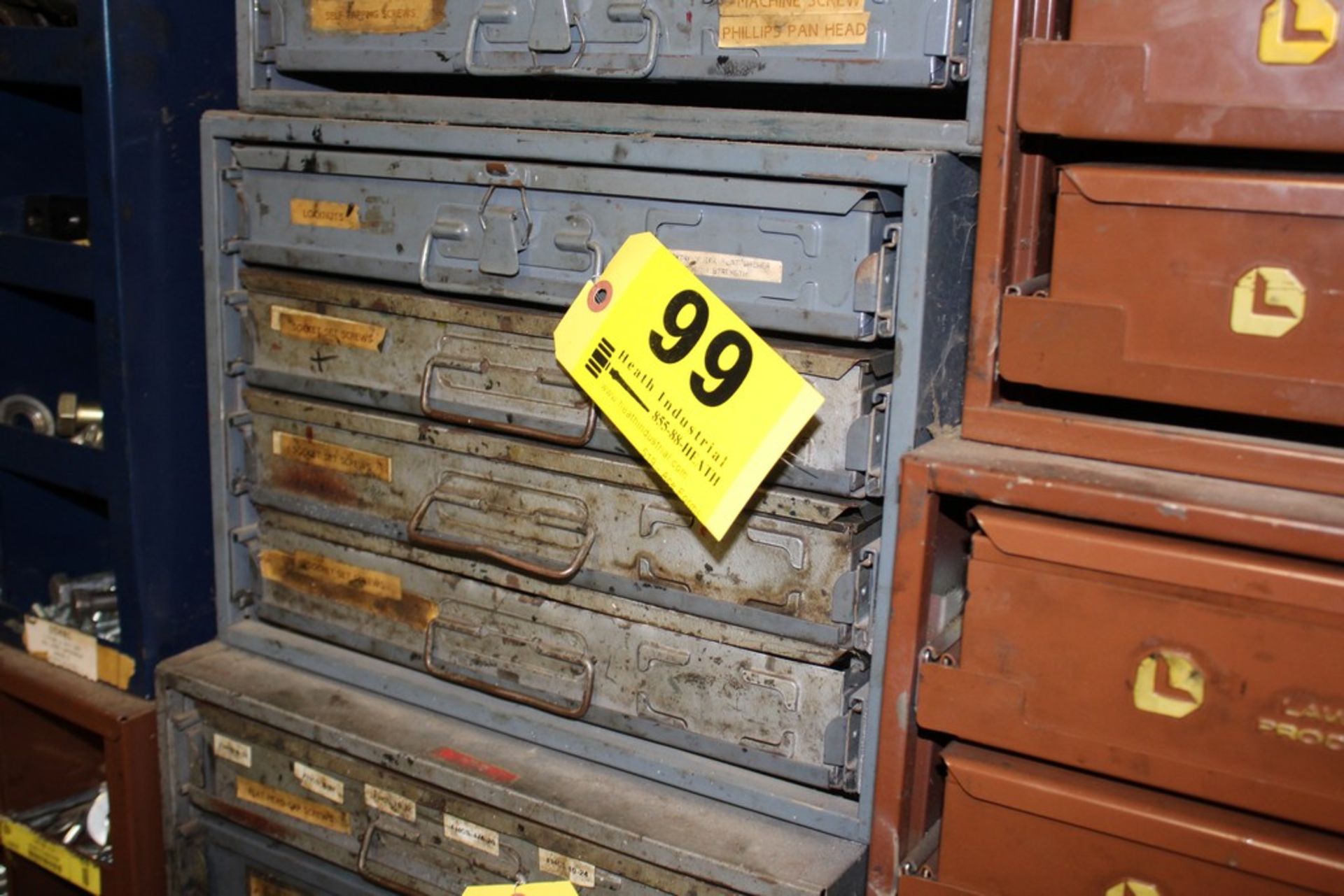 FOUR DRAWER PARTS CABINET WITH CONTENTS (LOCK NUTS, SET SCREWS)