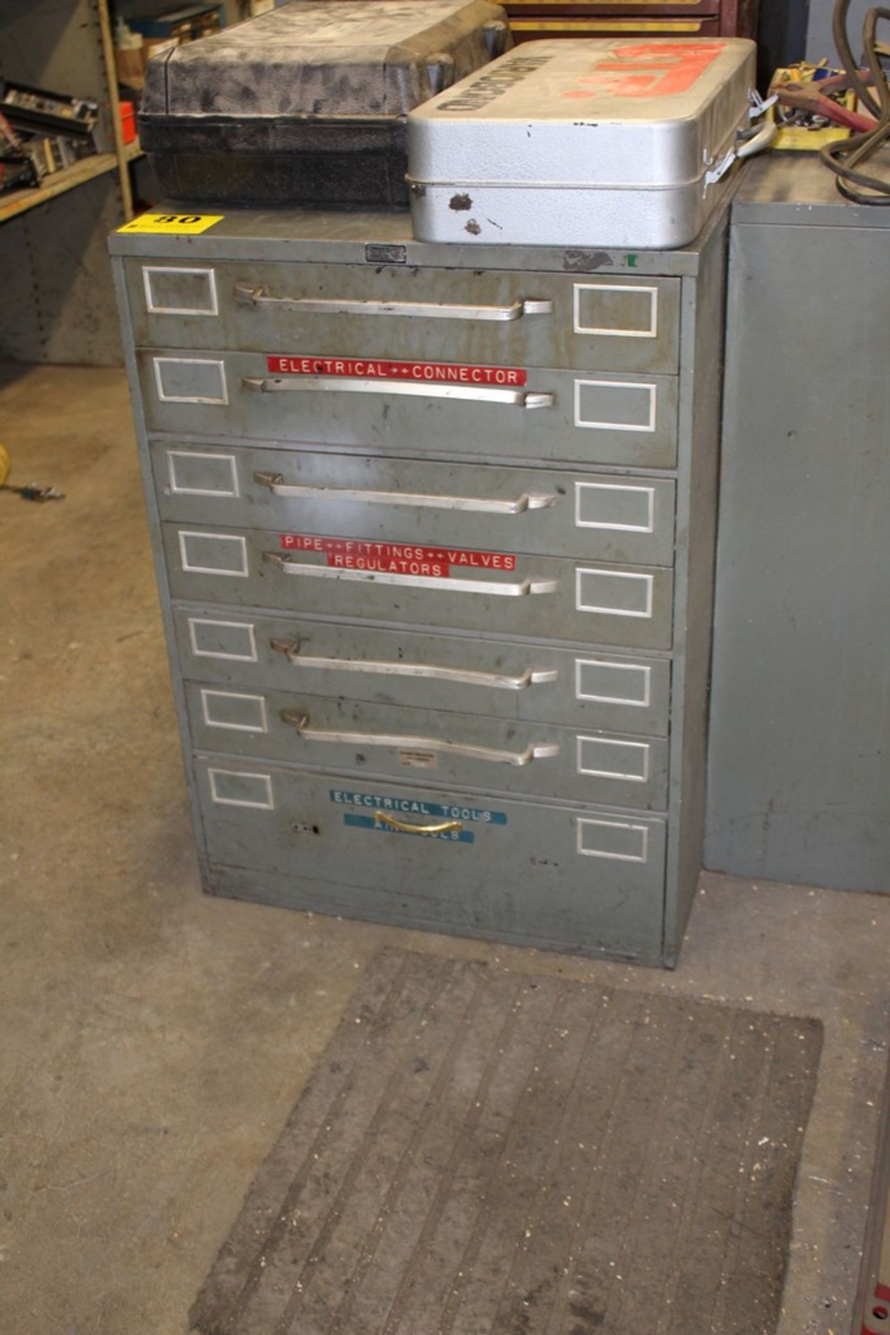 SEVEN DRAWER CABINET WITH ELECTICAL HARDWARE, DRILL BITS, 26" X 30" X 37"