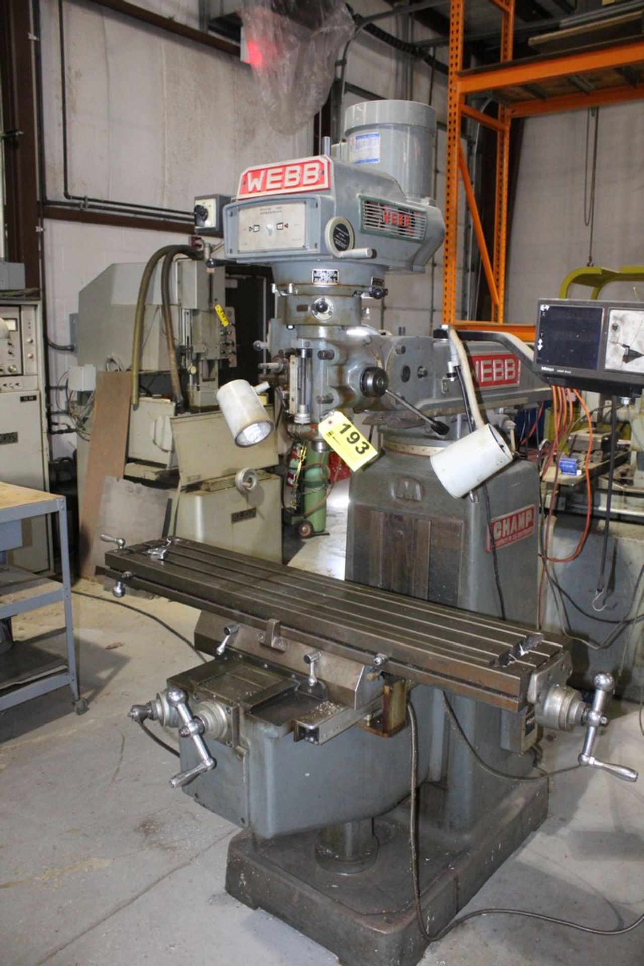 WEBB 3HP MODEL CHAMP VARIABLE SPEED RAM TYPE VERTICAL MILLING MACHINE S/N 6553 WITH 48" TABLE,