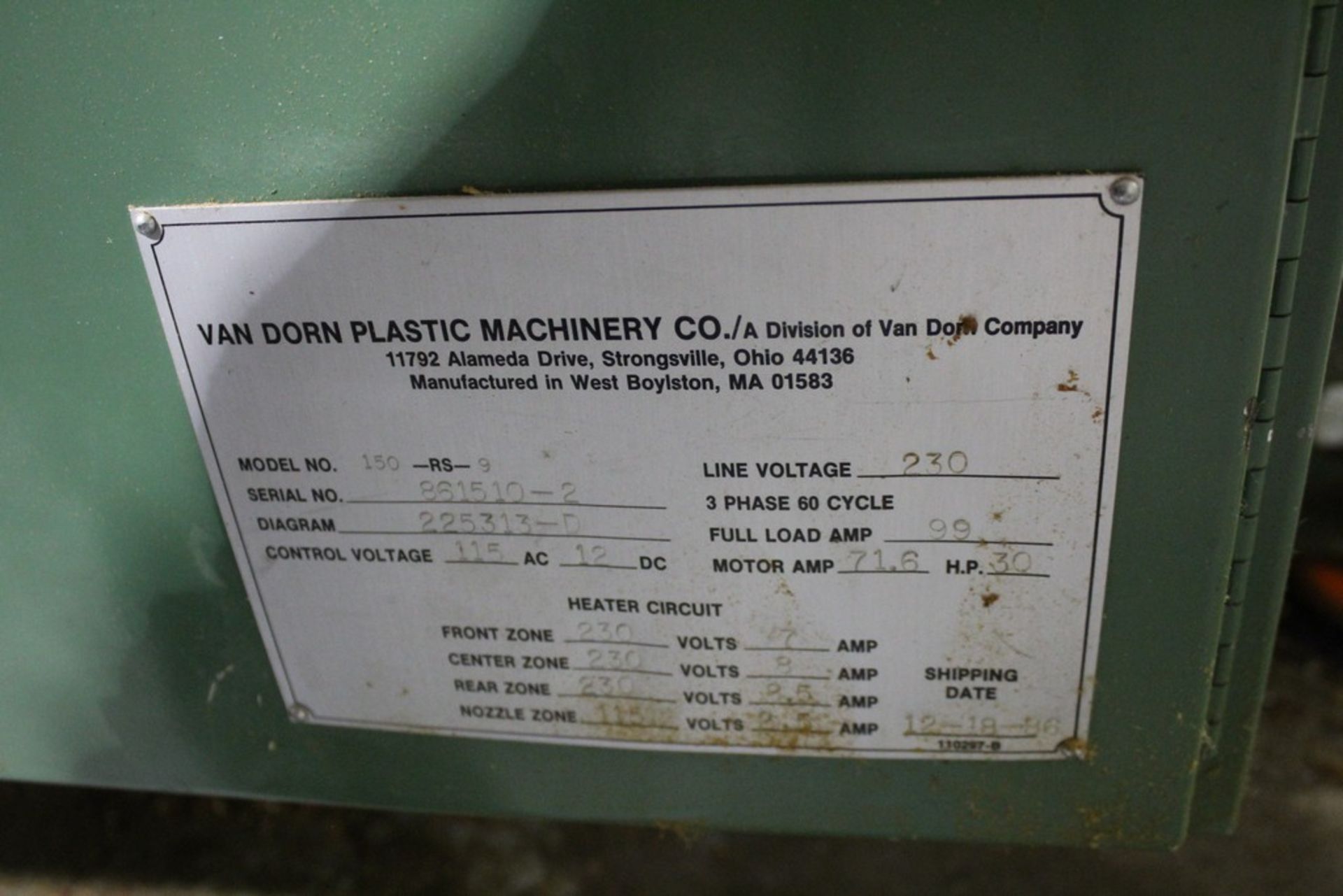 VAN DORN 150 TON 9 OZ, MODEL 150-RS-9 PLASTIC INJECTION MOLDING MACHINE S/N 861510-2 WITH PATHFINDER - Image 4 of 8