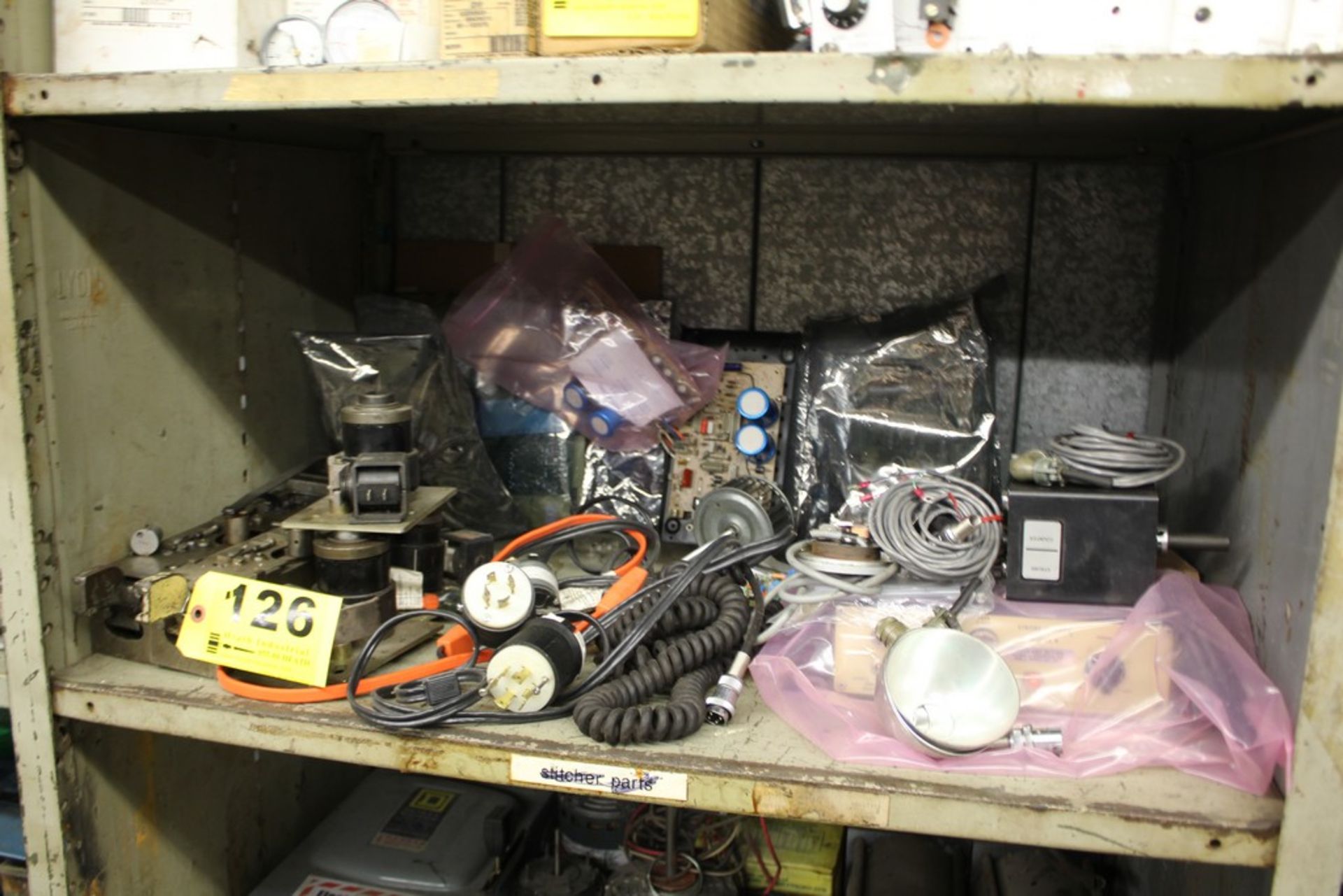 ASSORTED PARTS ON SHELF (STROBE LIGHT PARTS, FLEX DRIVE COMPONENTS ELECTICAL PARTS, ETC)