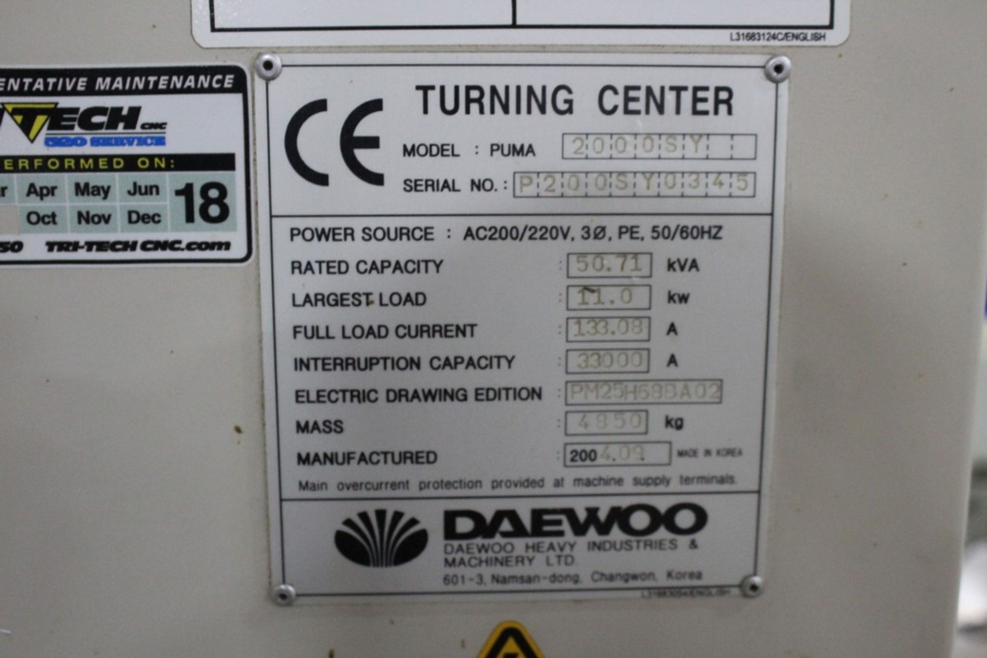 DAEWOO MODEL PUMA 2000SY CNC TURNING CENTER, S/N P200SY034 (NEW 2004), 13” MAX. TURN DIAMETER, 20” - Image 11 of 11
