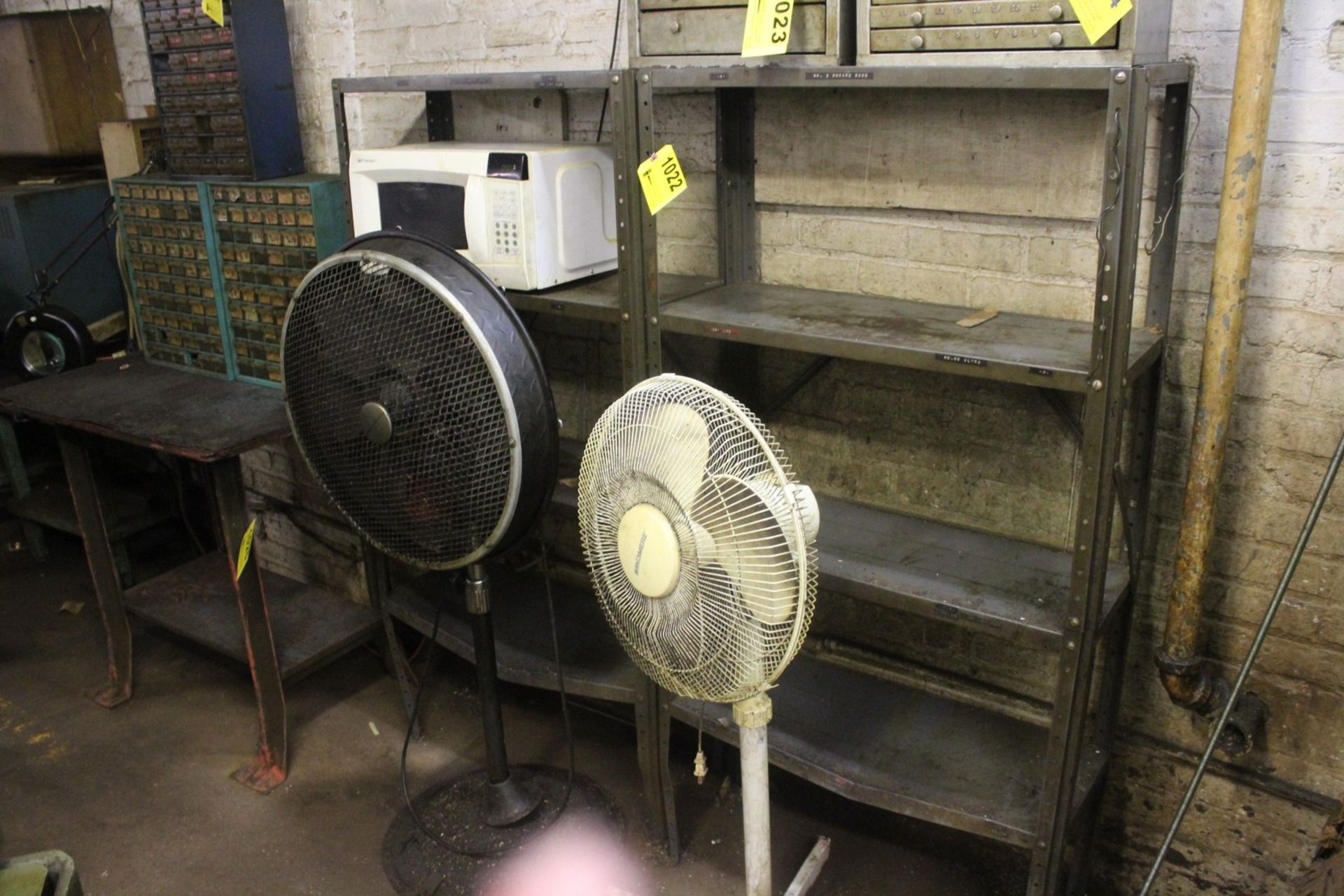 (2) ADJUSTABLE SHELVING UNITS WITH (2) FANS AND MICROWAVE