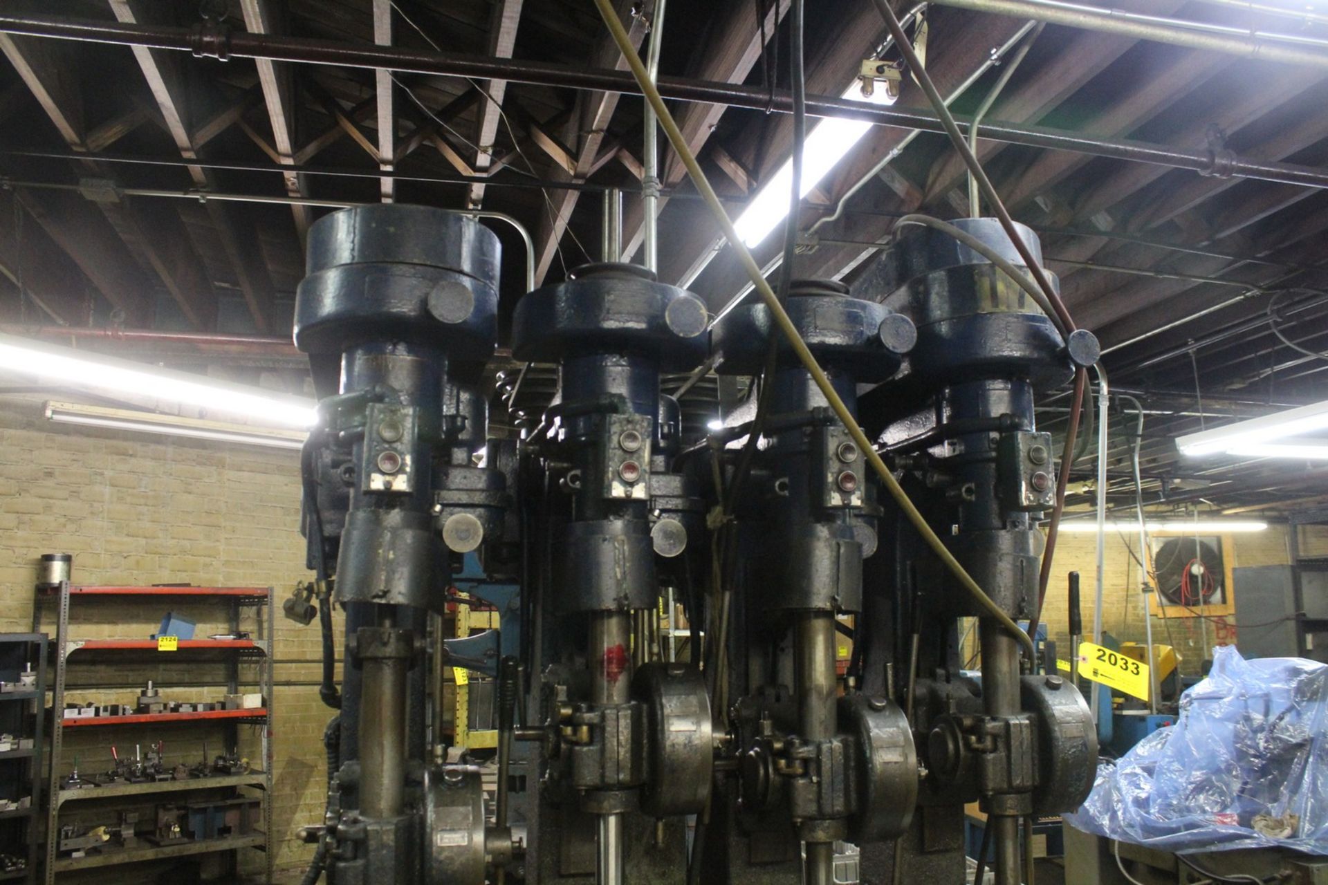 FOUR SPINDLE PRODUCTION DRILL PRESS WITH 73" T SLOTTED TABLE - Image 3 of 4