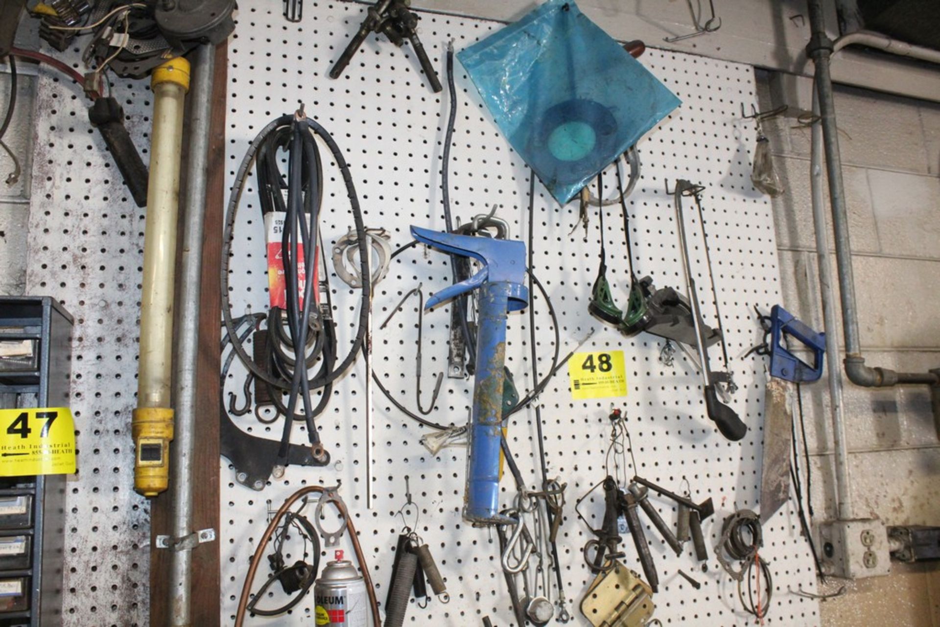 ASSORTED TOOLS, ETC HANGING ON PEG BOARD