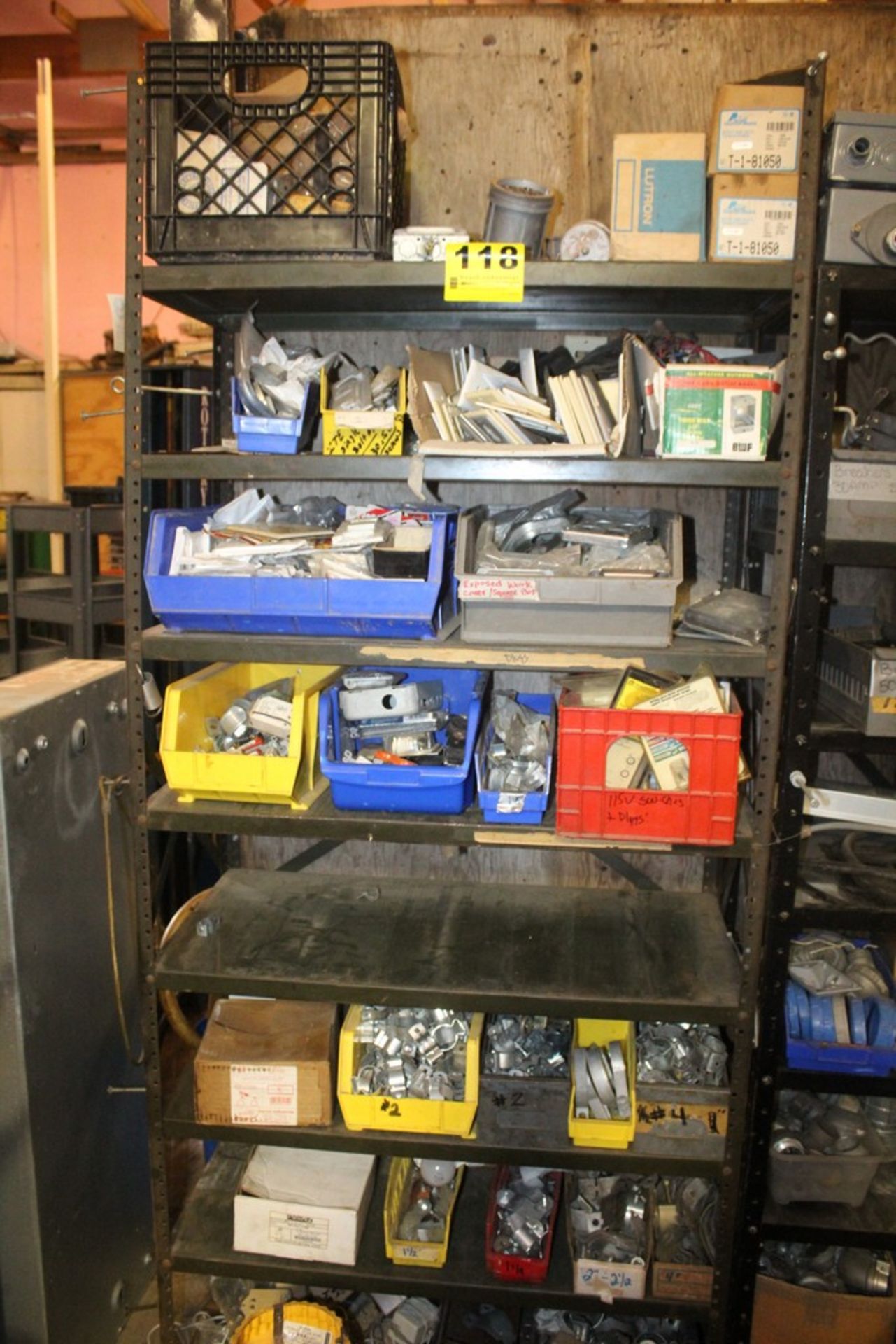 ASSORTED CONDUIT FITTINGS, HANGERS, WALL PLATES, ETC ON SHELVING UNIT